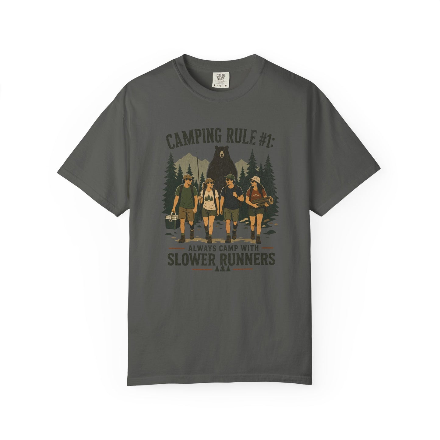 Camping Rule T-Shirt — “Always Camp with Slower Runners” Vintage Outdoor Tee