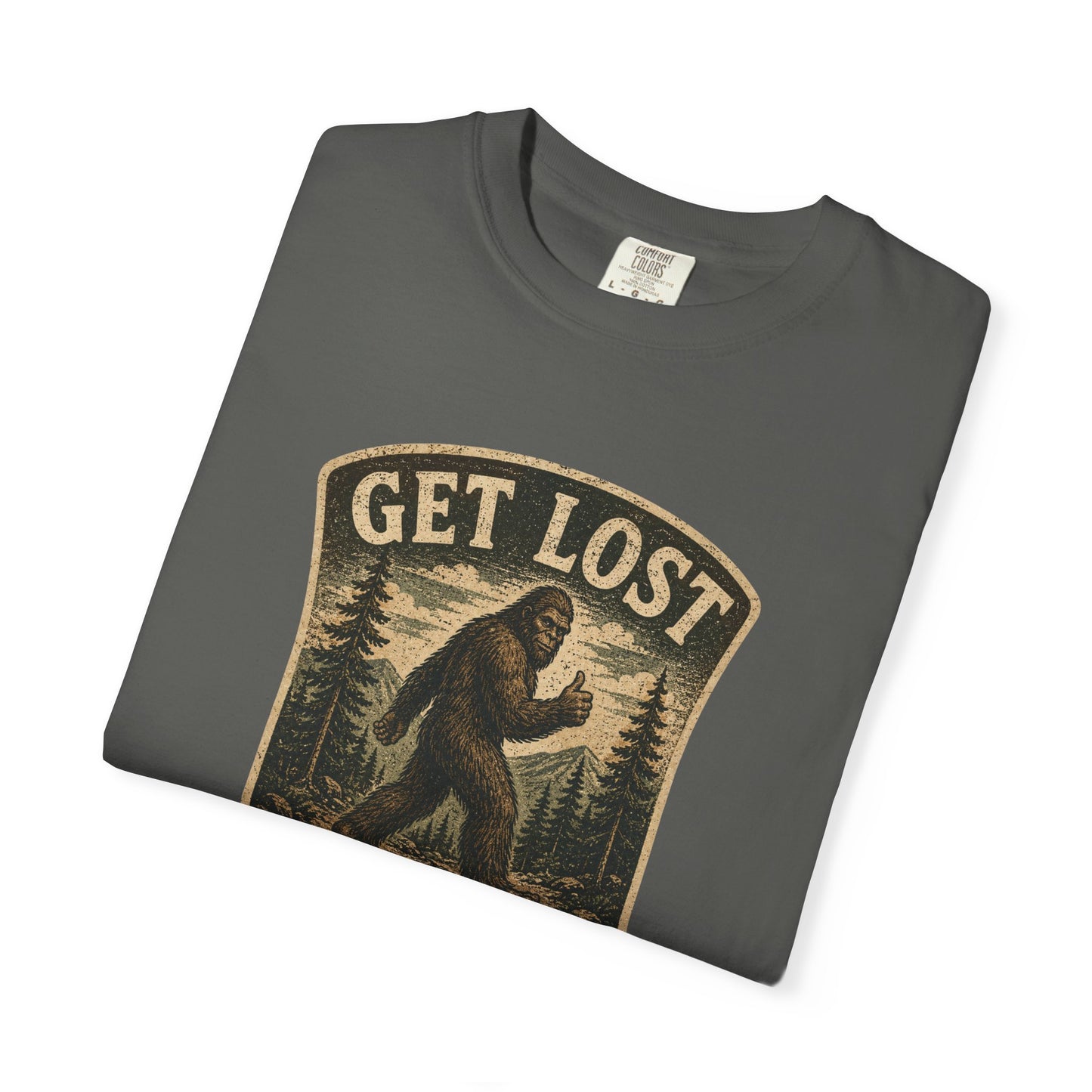 GET LOST Bigfoot Vintage Badge T-shirt — Retro Camping & Hiking Tee
