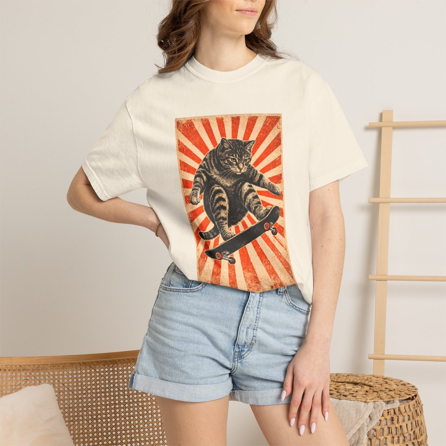 Skateboarding Cat Graphic T-Shirt | Retro Sunburst Skateboard Tee