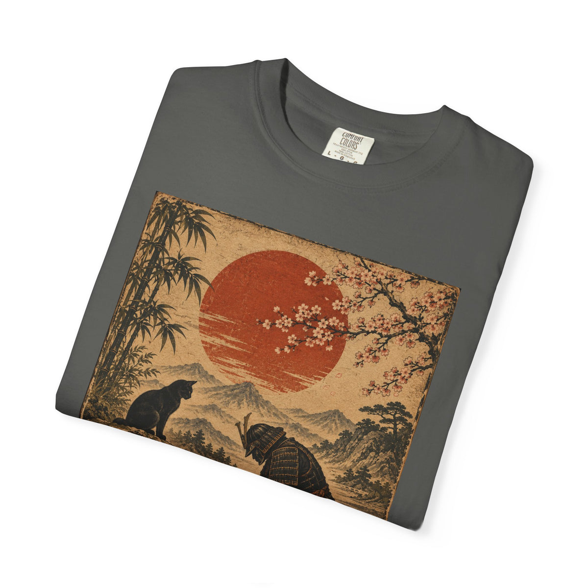 Vintage Japanese-Inspired Samurai & Black Cat Shirt Graphic Tee