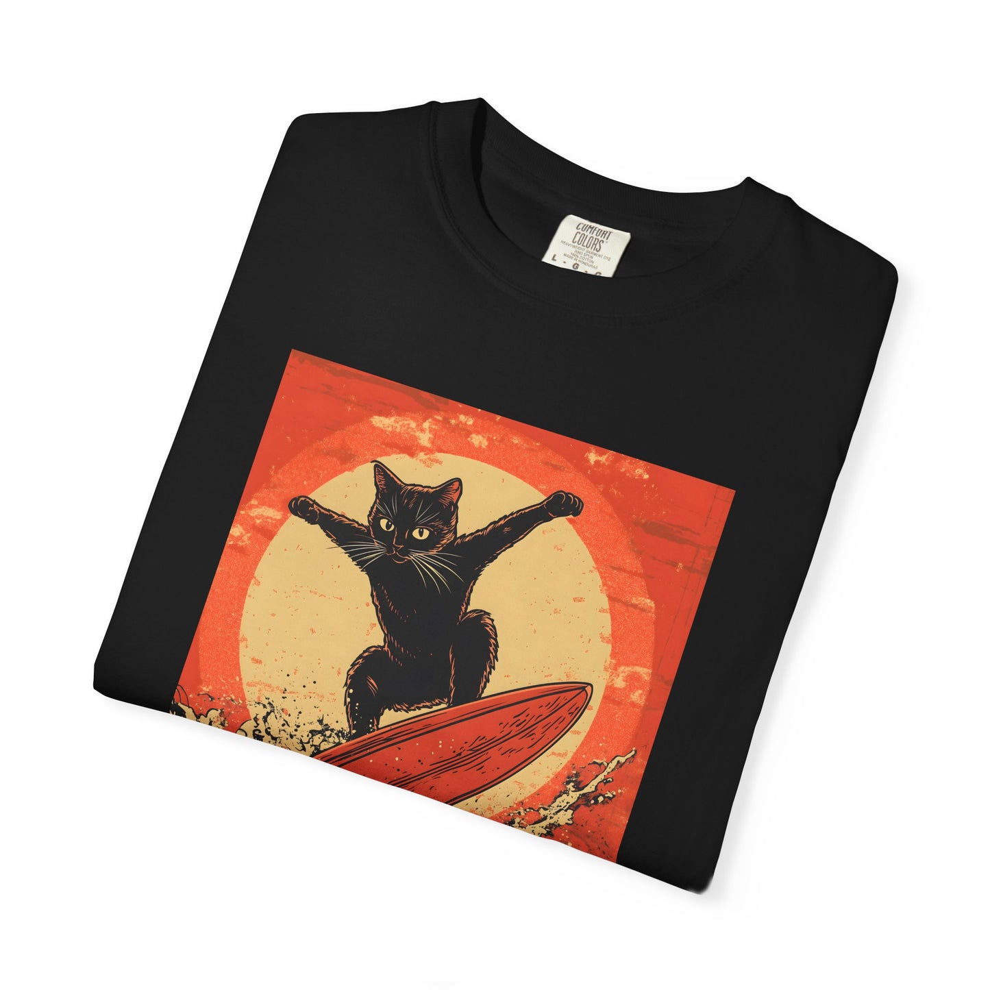 Retro Black Cat Surfing T-Shirt — Vintage Surf Poster Tee
