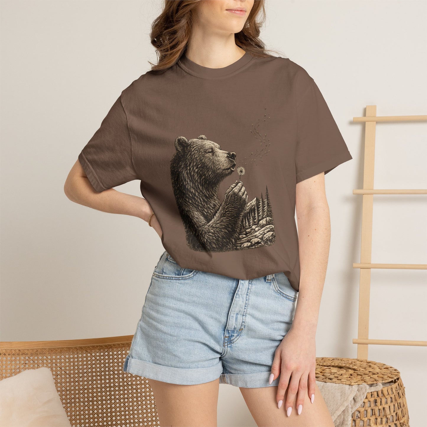 Bear Blowing Dandelion T-Shirt — Outdoor Enthusiast Woodland Nature Graphic Tee