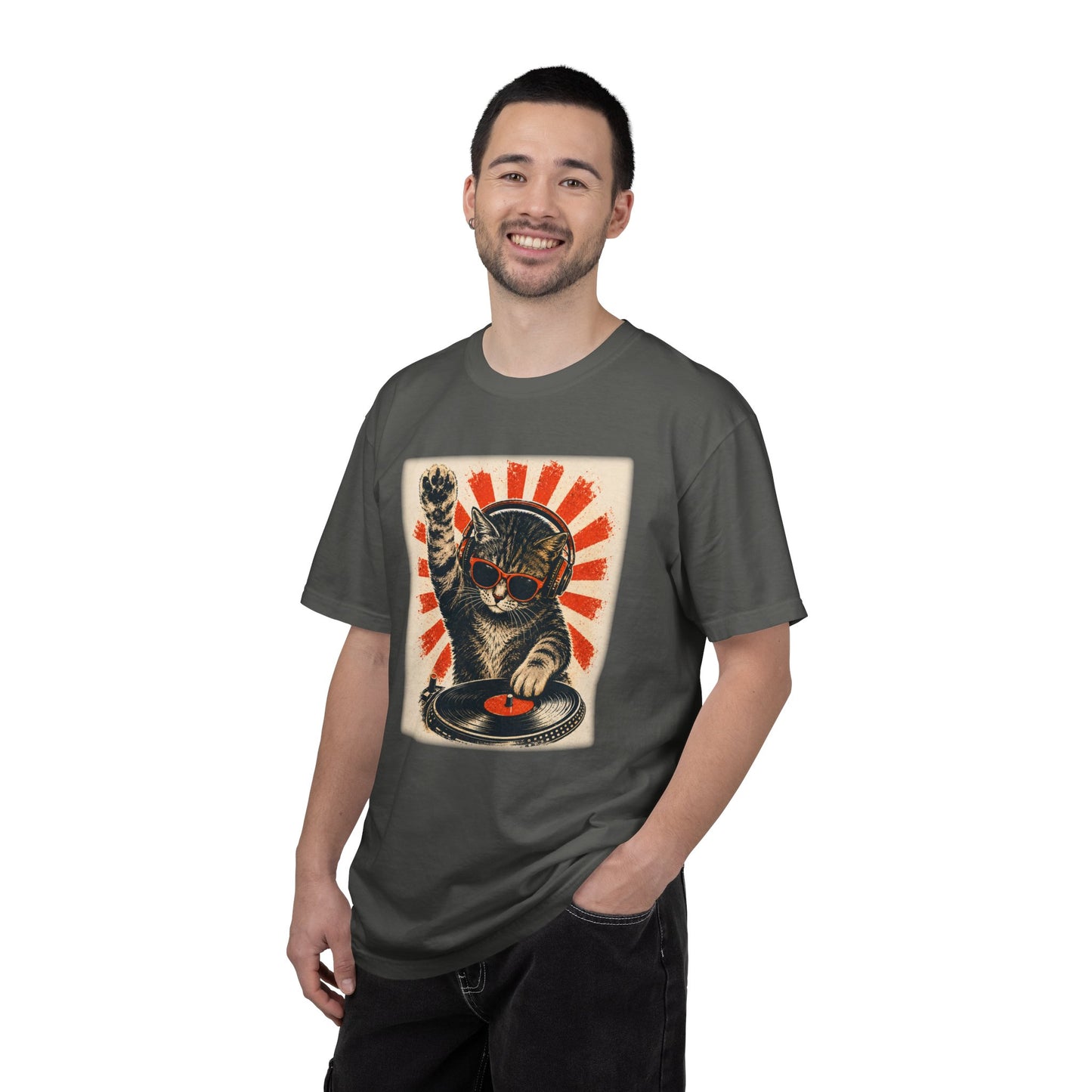 Retro DJ Cat T-Shirt — Vintage Sunburst Distressed Poster Design
