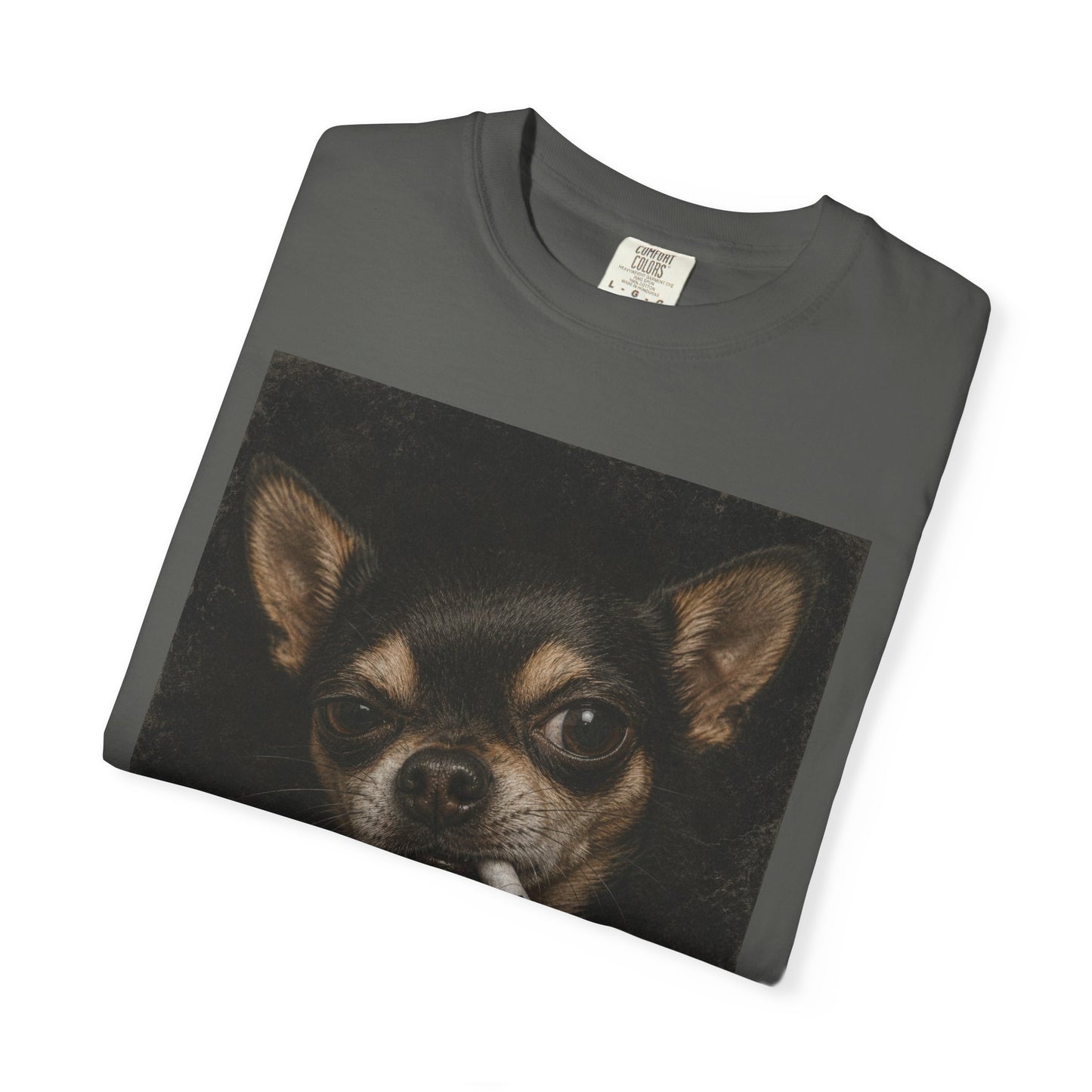 Tough Side-Eye Chihuahua T-Shirt — Distressed Photo Realistic ’Paws Cause Cancer’ Design