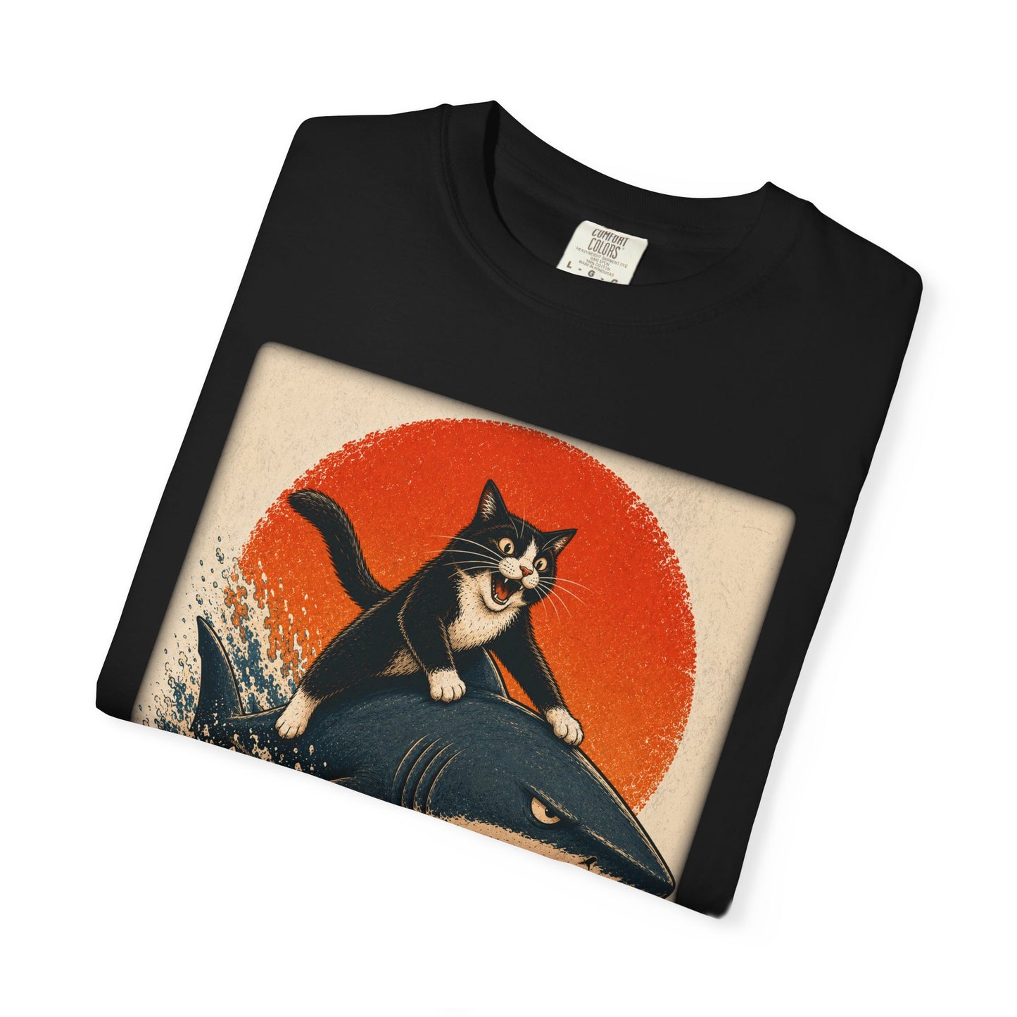 Retro Distressed Cat Riding Shark T-Shirt — Vintage Joyful Cat Surf Design