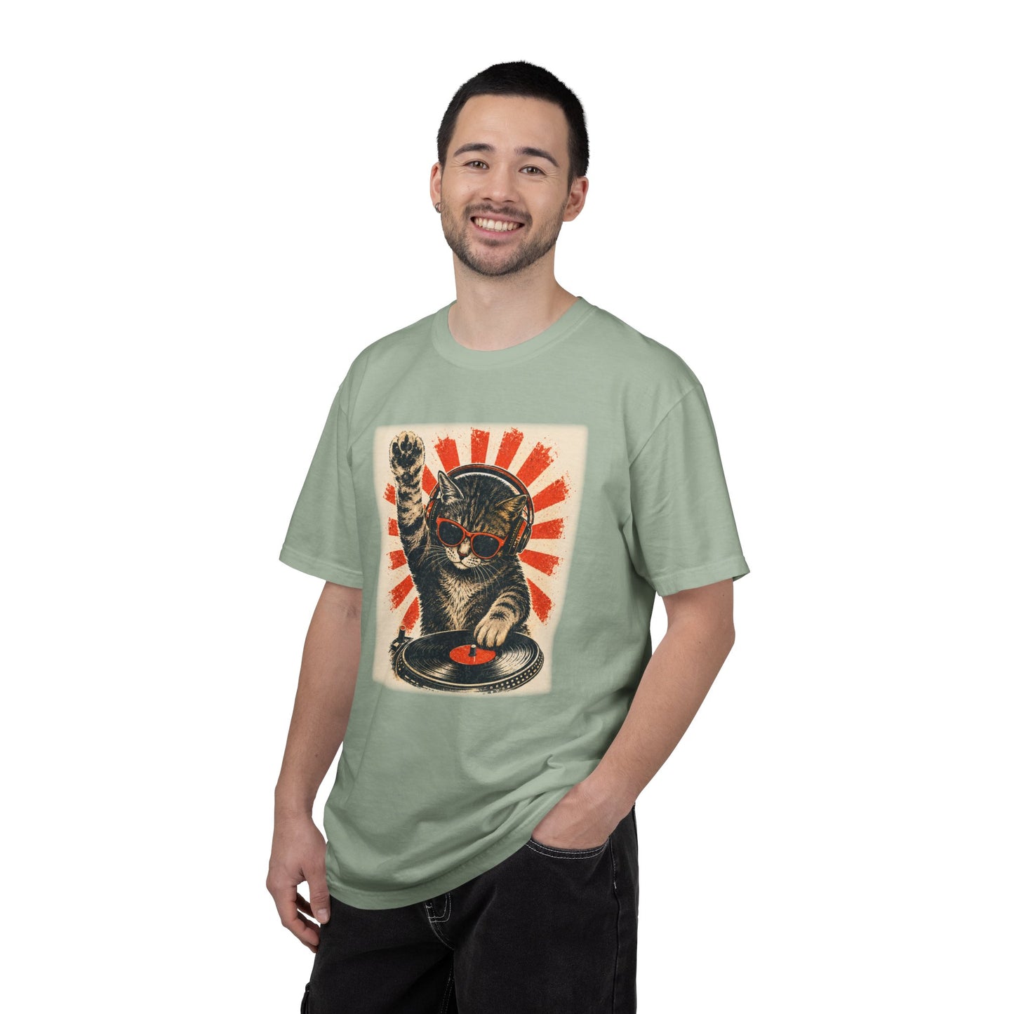 Retro DJ Cat T-Shirt — Vintage Sunburst Distressed Poster Design