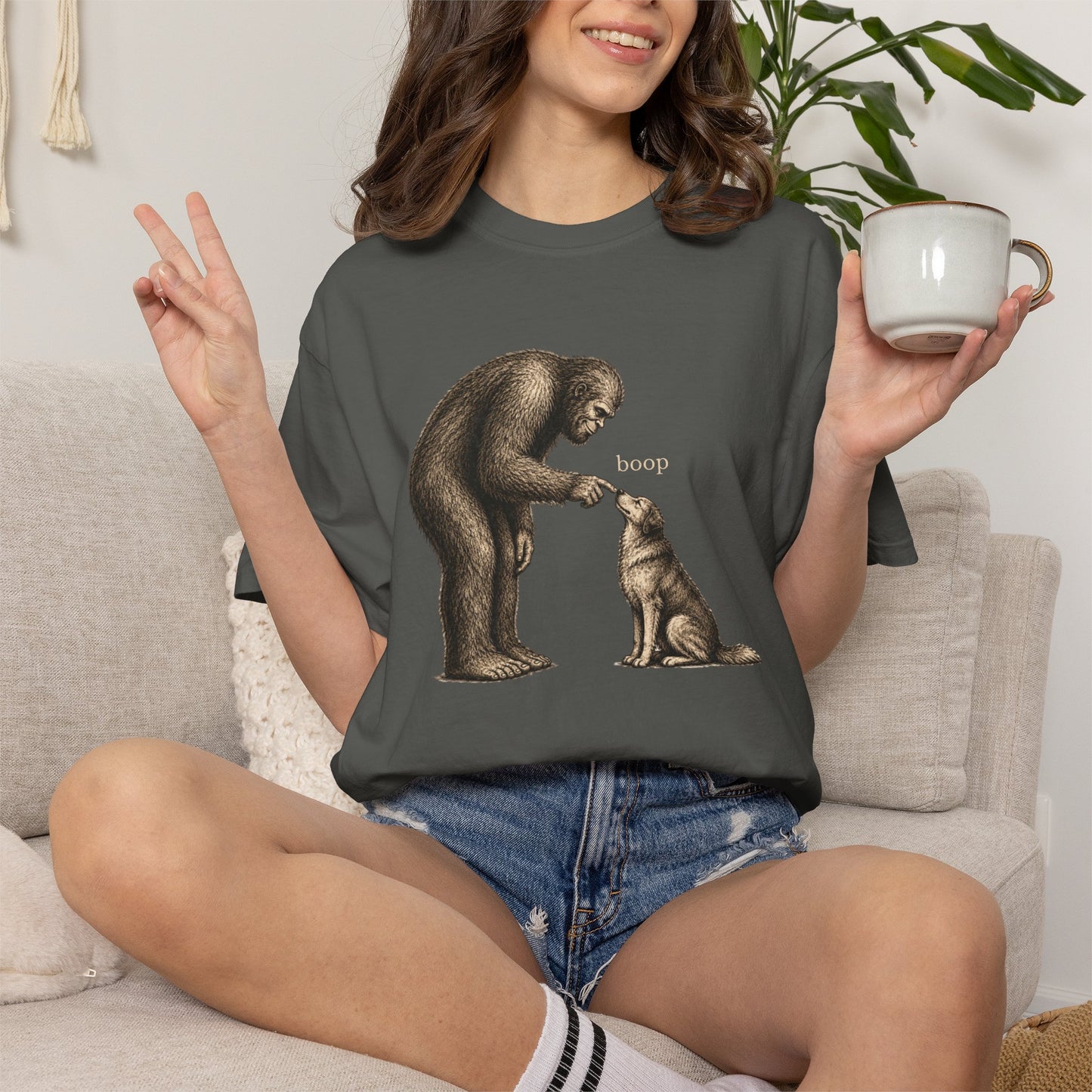 Bigfoot Booping Dog T-Shirt — Funny Sasquatch Tee for Dog Lovers