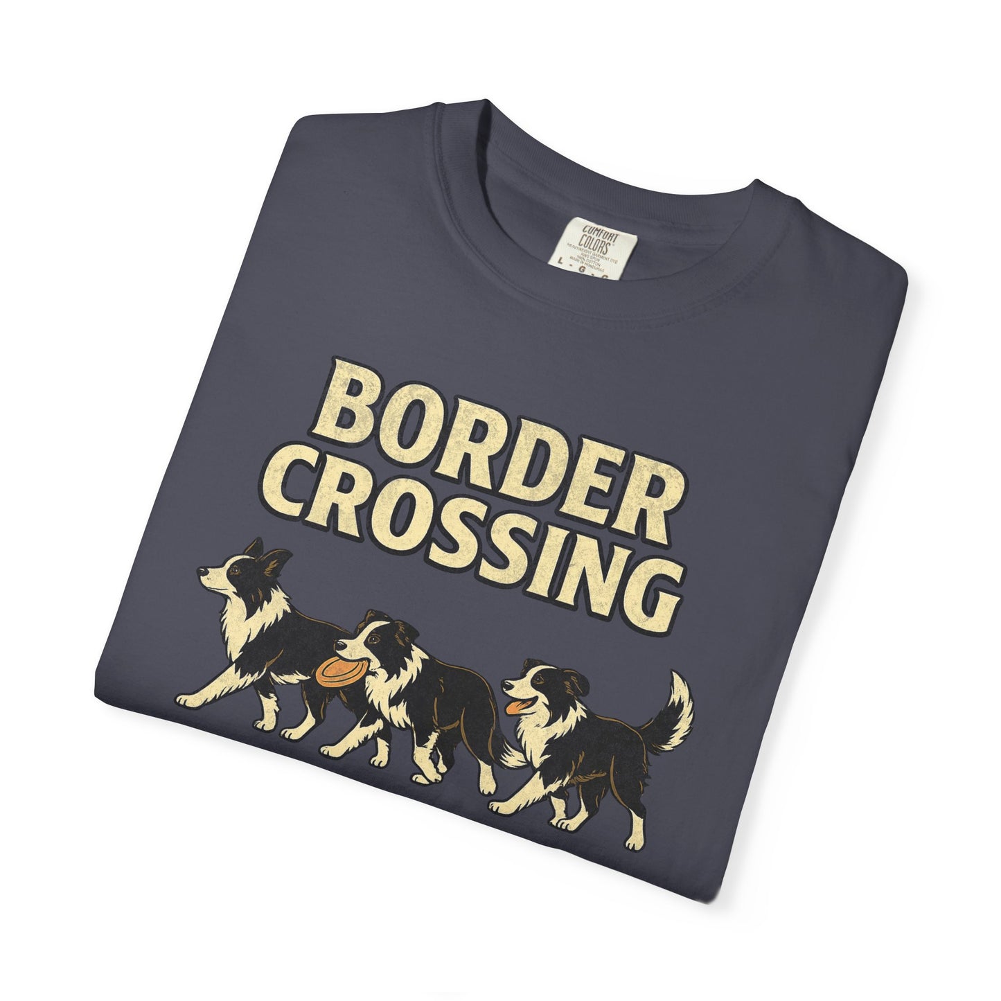 Vintage Graphic Border Collie 'Border Crossing' T-Shirt, Funny Gift for Border Collie and Dog Lovers