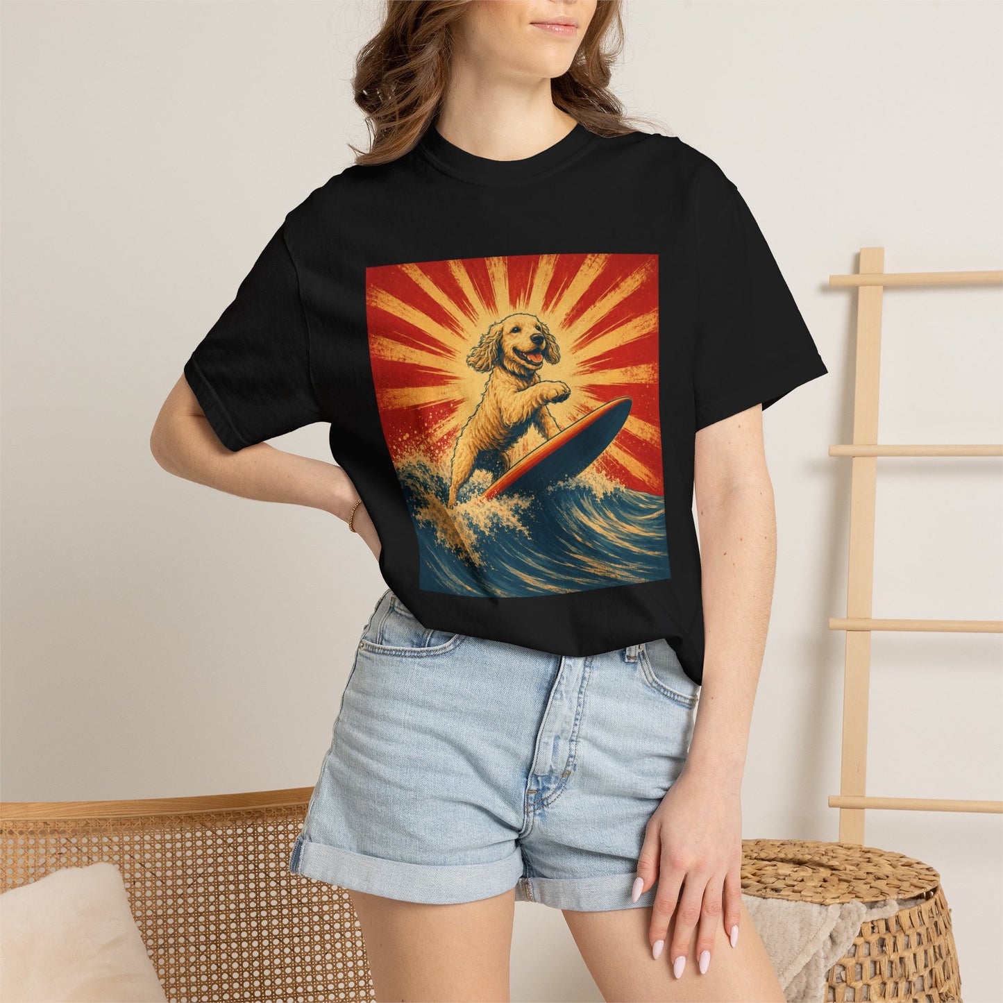 Retro Surfing Doodle Dog T-Shirt | Vintage Beach Dog Graphic Tee | Funny Coastal Summer Shirt