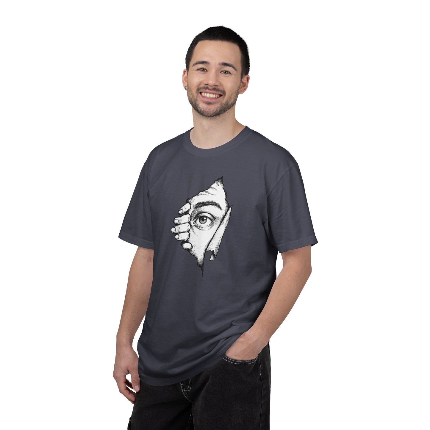 Peekaboo Curious Eye Graphic Peeking Eye Tee, Minimalist Black & White Art Shirt