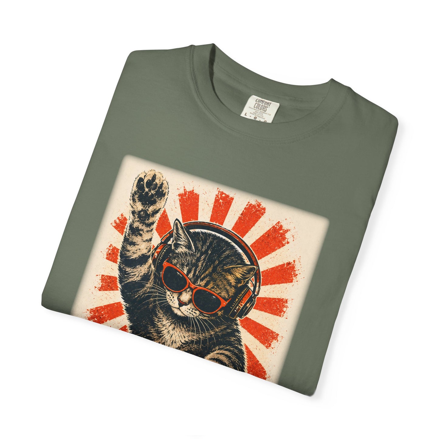 Retro DJ Cat T-Shirt — Vintage Sunburst Distressed Poster Design