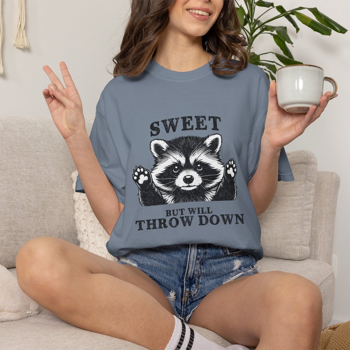 Funny Raccoon Tee — "Sweet, But Will Throw Down"
