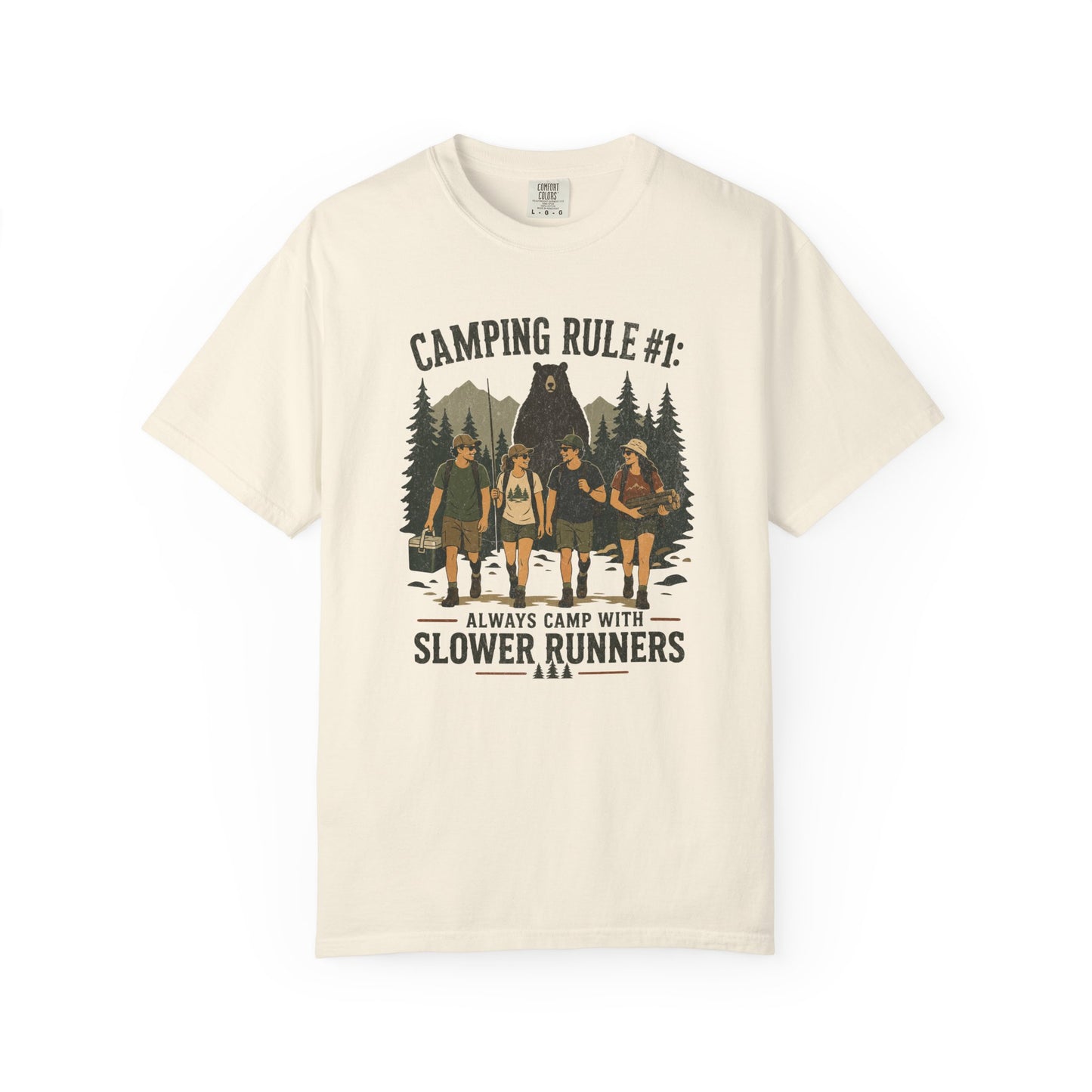 Camping Rule T-Shirt — “Always Camp with Slower Runners” Vintage Outdoor Tee