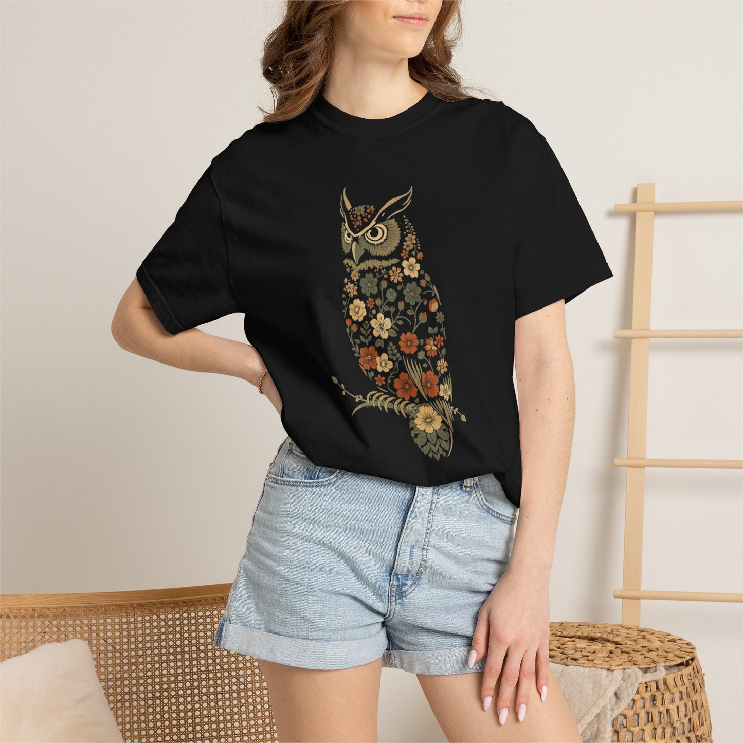 Owl Floral T-Shirt — Vintage Botanical Cottagecore Nature Owl Tee