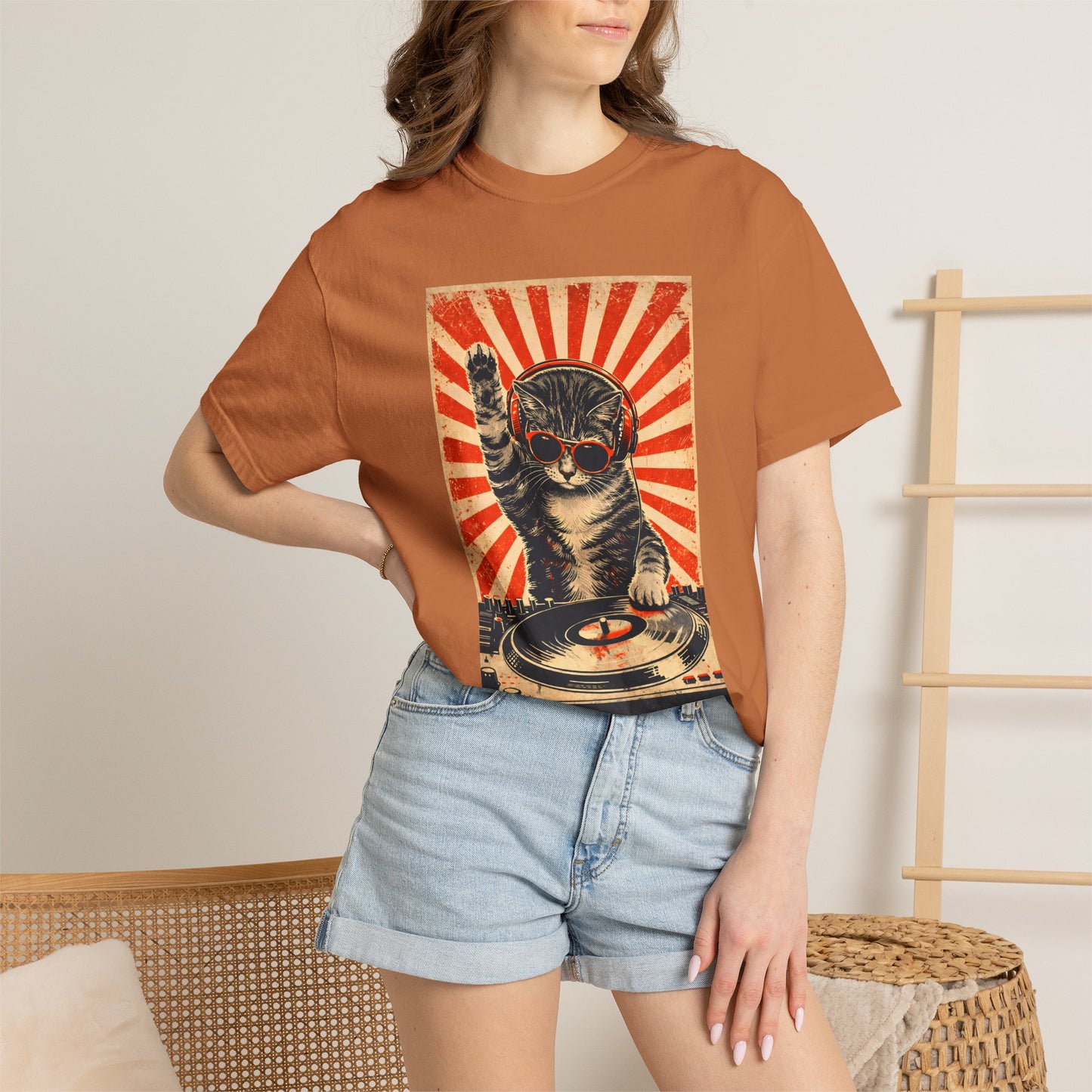 Retro DJ Cat T-Shirt — Vintage Sunburst Distressed Poster Design
