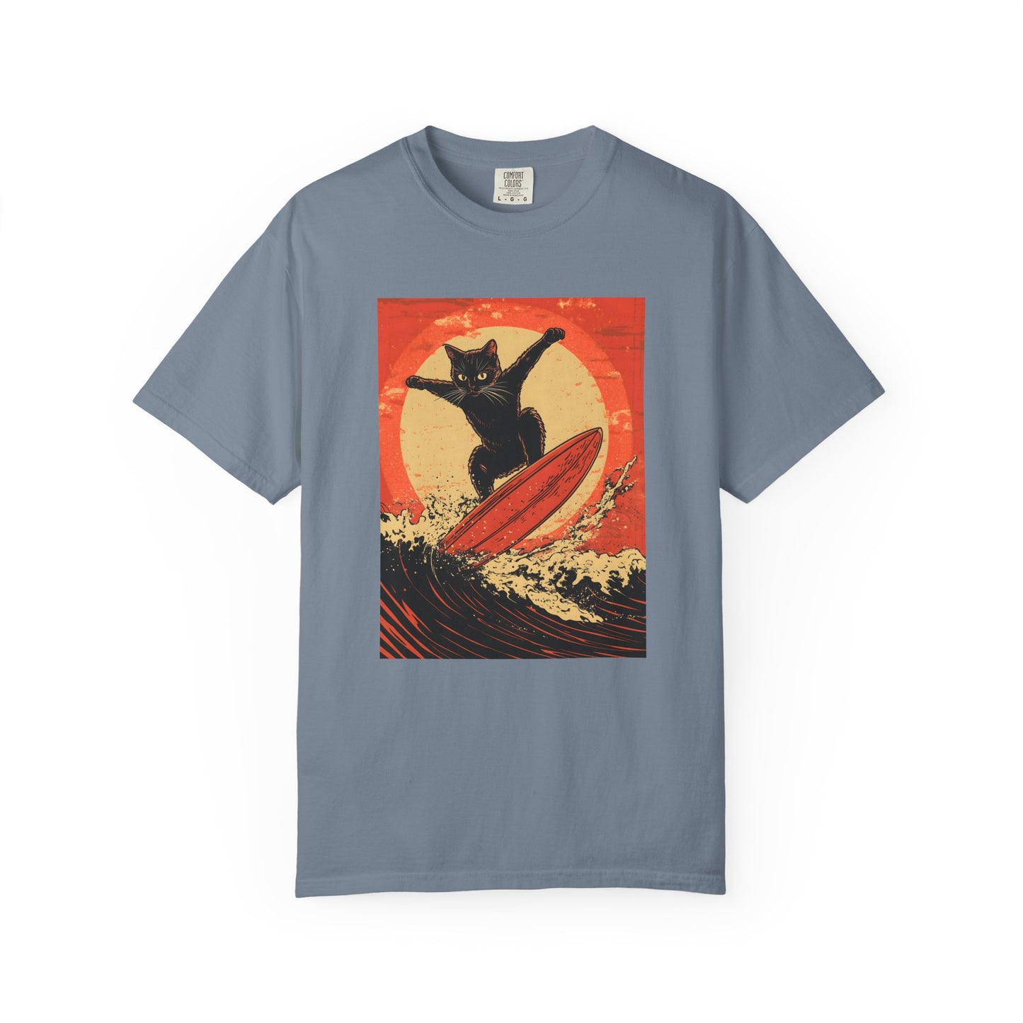Retro Black Cat Surfing T-Shirt — Vintage Surf Poster Tee