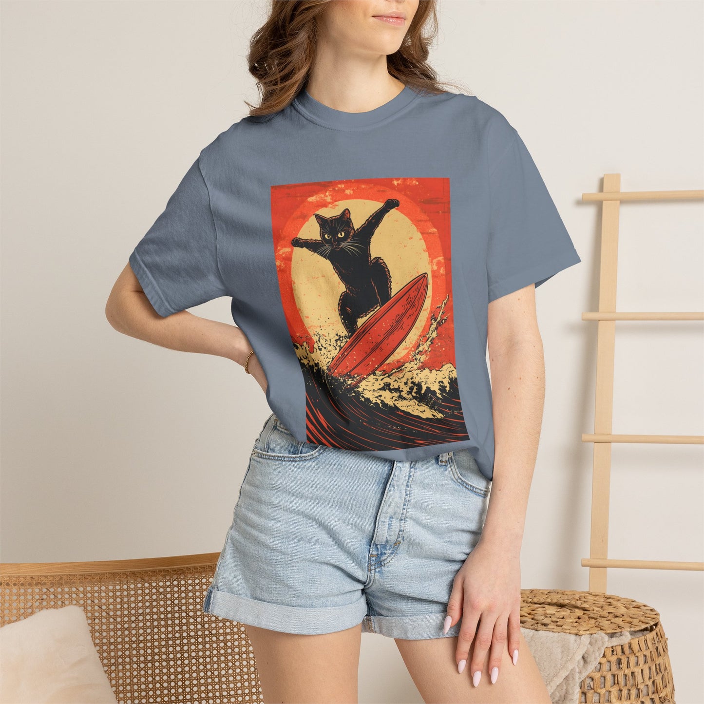 Retro Black Cat Surfing T-Shirt — Vintage Surf Poster Tee