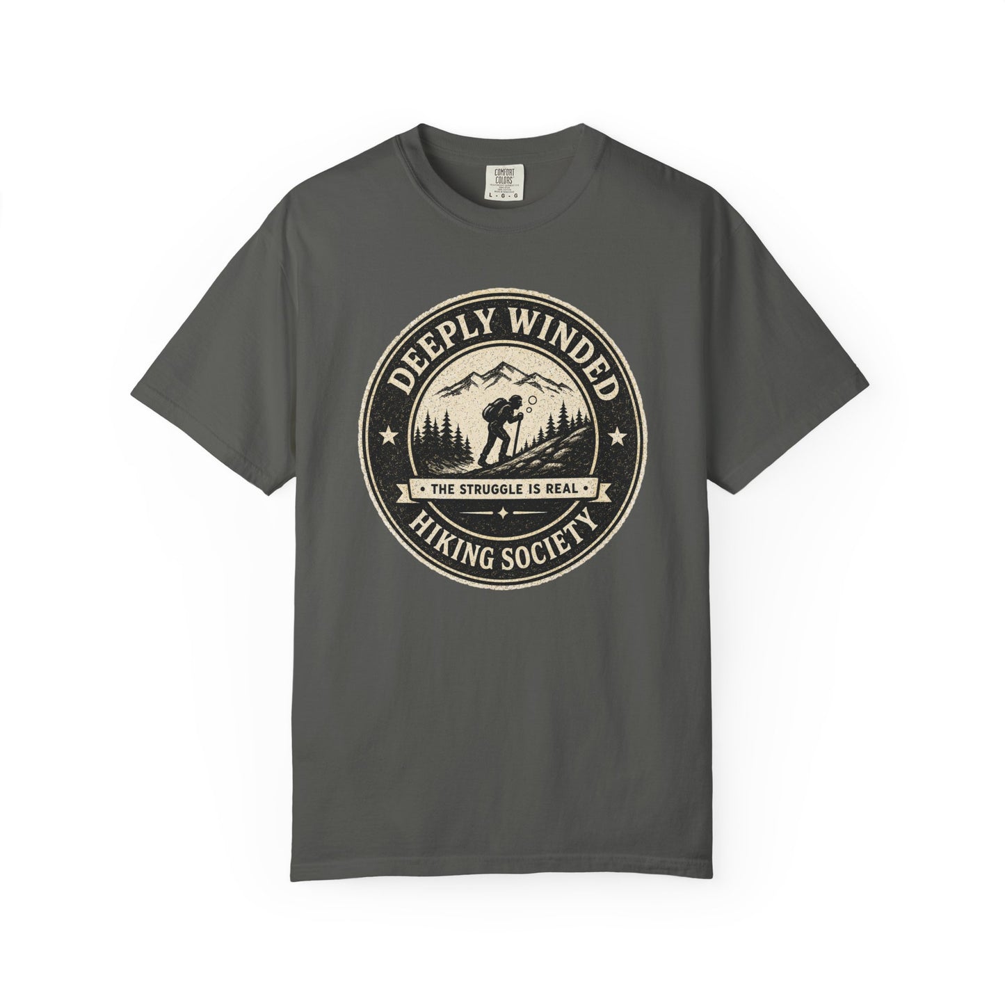 Deeply Winded Hiking Society T-Shirt — Playful Hiker Badge Design