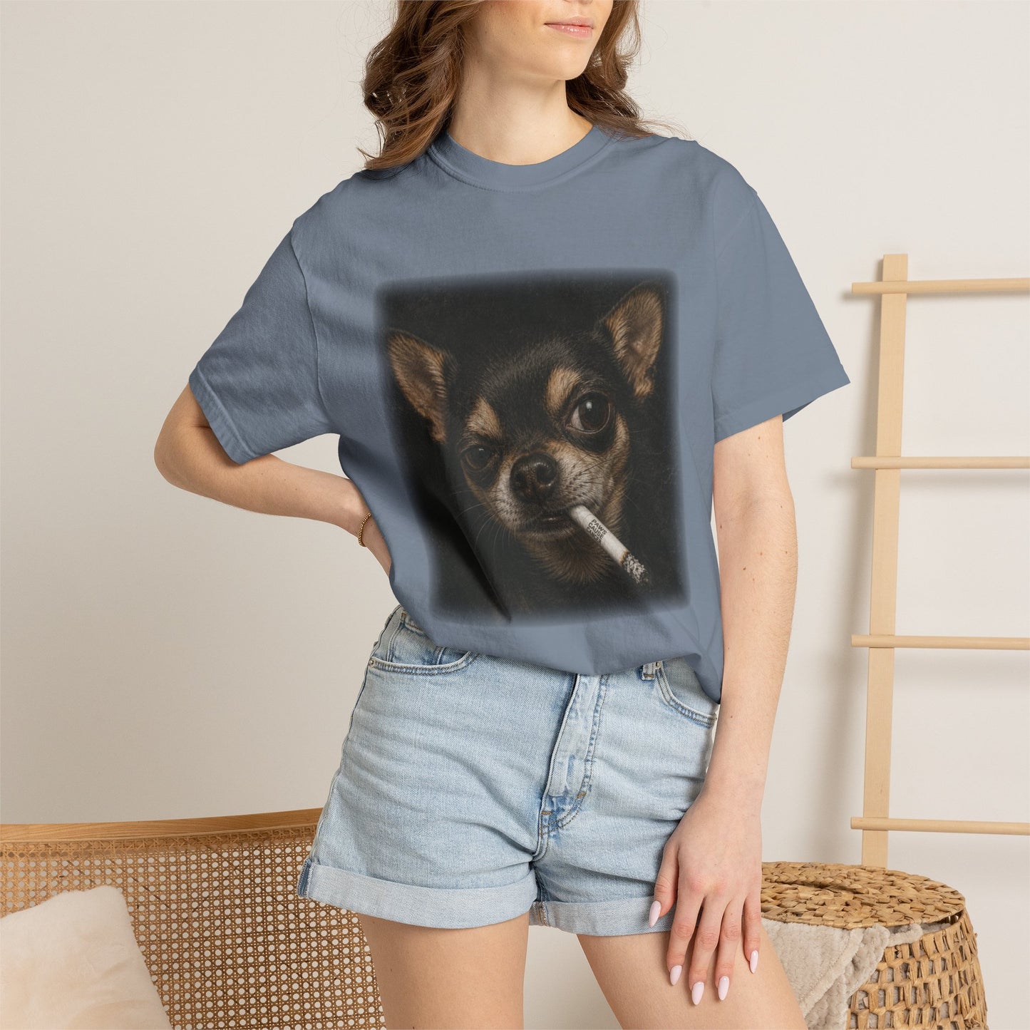 Tough Side-Eye Chihuahua T-Shirt — Distressed Photo Realistic ’Paws Cause Cancer’ Design