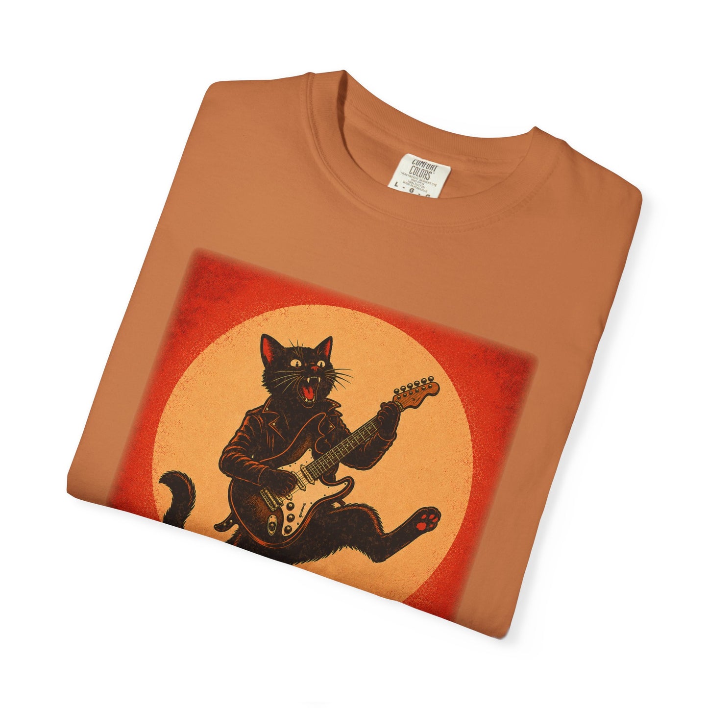Retro Distressed Black Cat Rocker T-Shirt — Jumping Guitar Vintage Tee