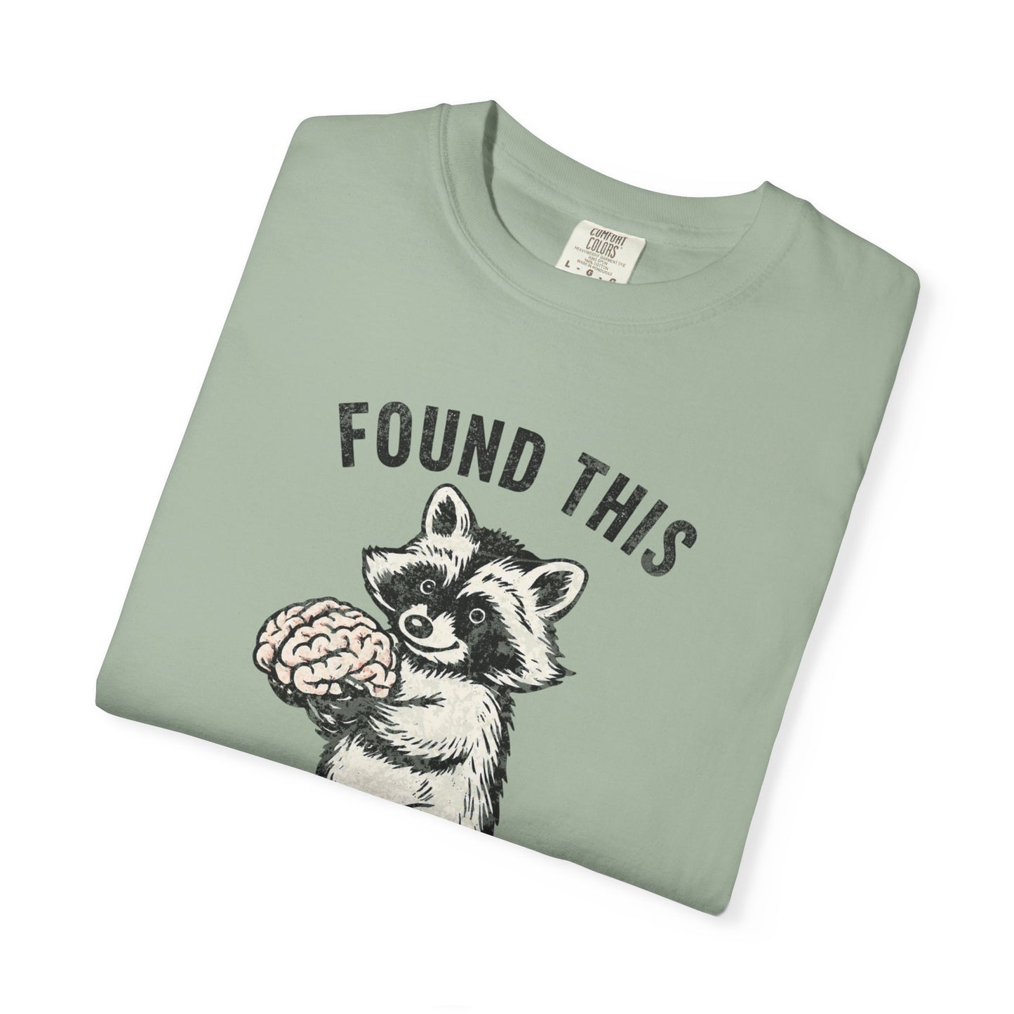 Found This Raccoon Holding Brain T-Shirt — "FOUND THIS / FIGURED IT WAS YOURS"
