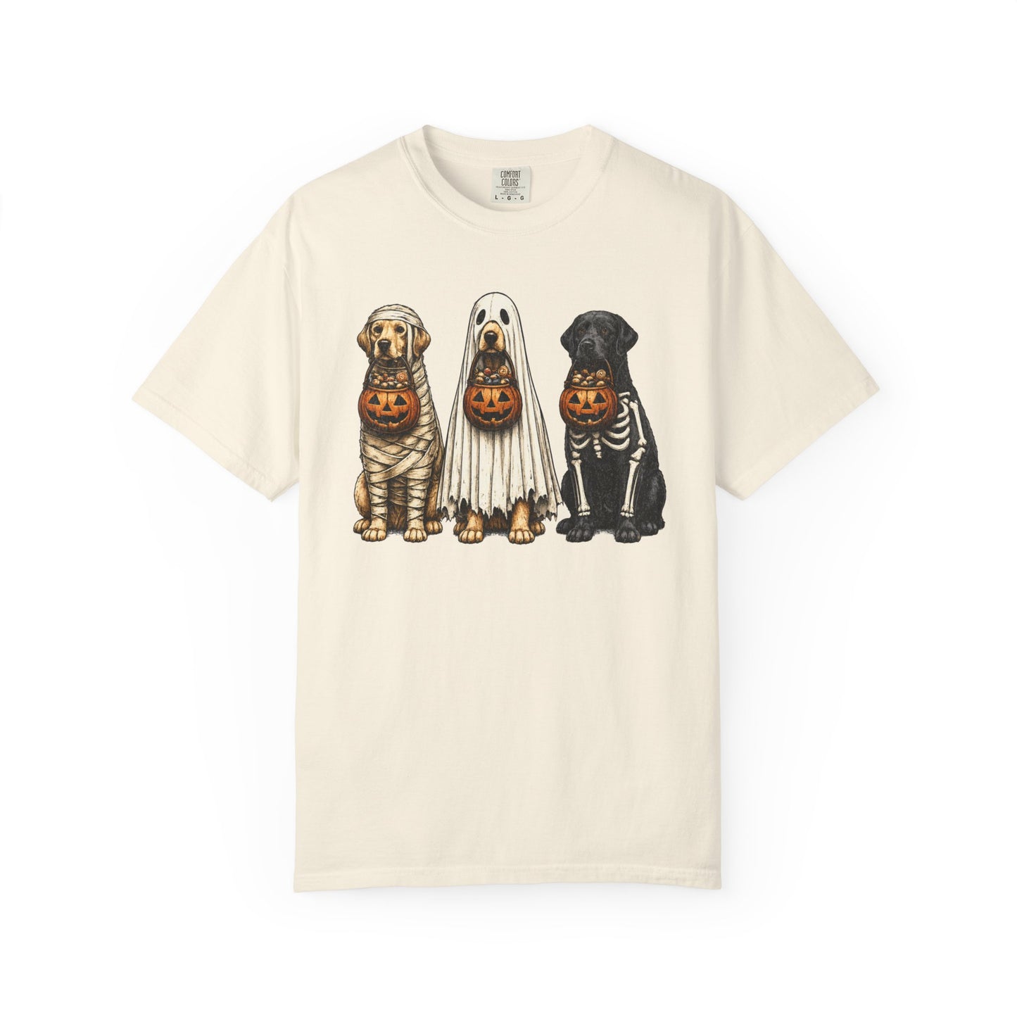 Halloween Dogs T-Shirt — Puppies in Costumes with Jack-O'-Lantern Candy Buckets