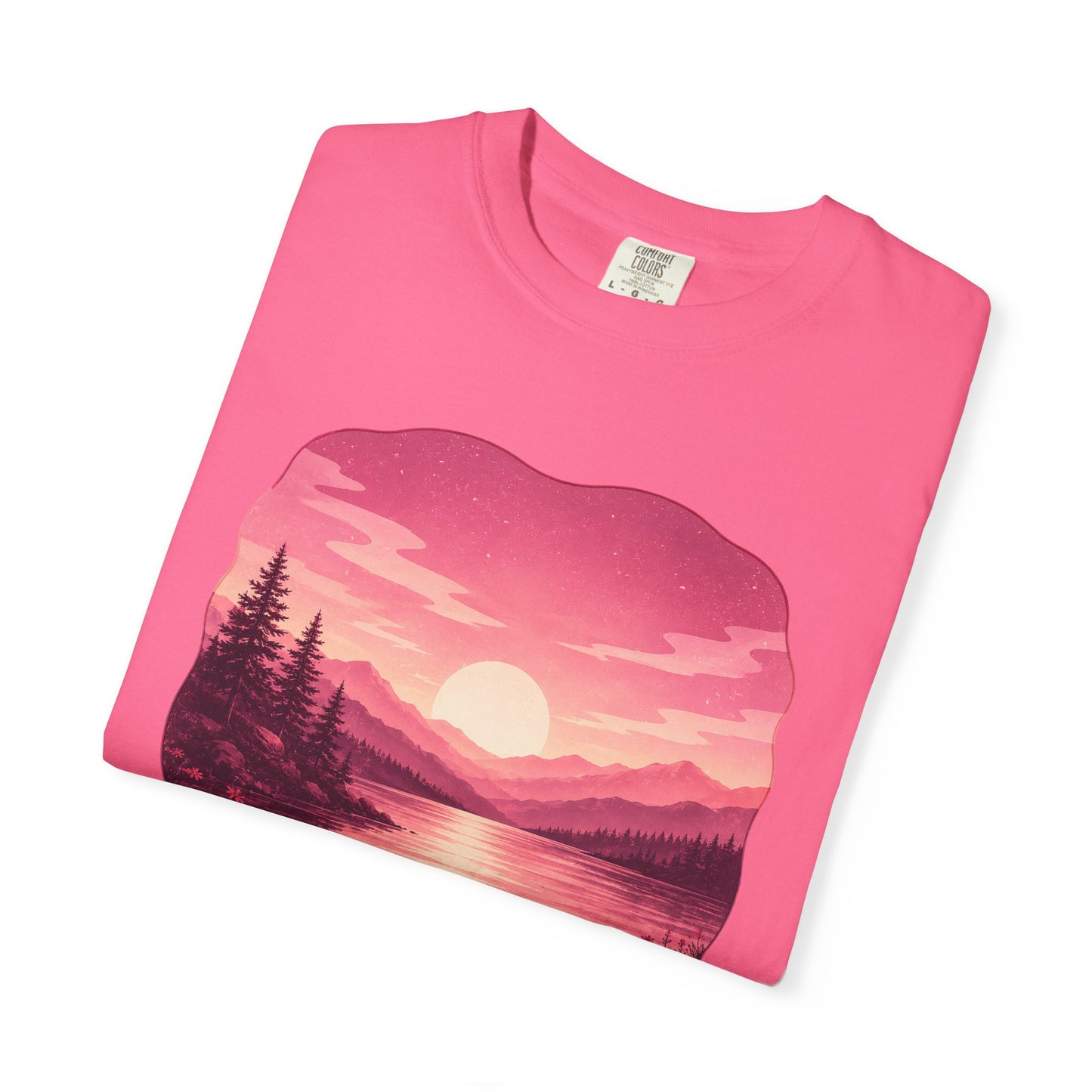 Feminine Lakescape Sunset T-shirt — Pink Outdoor Hiking & Camping Tee