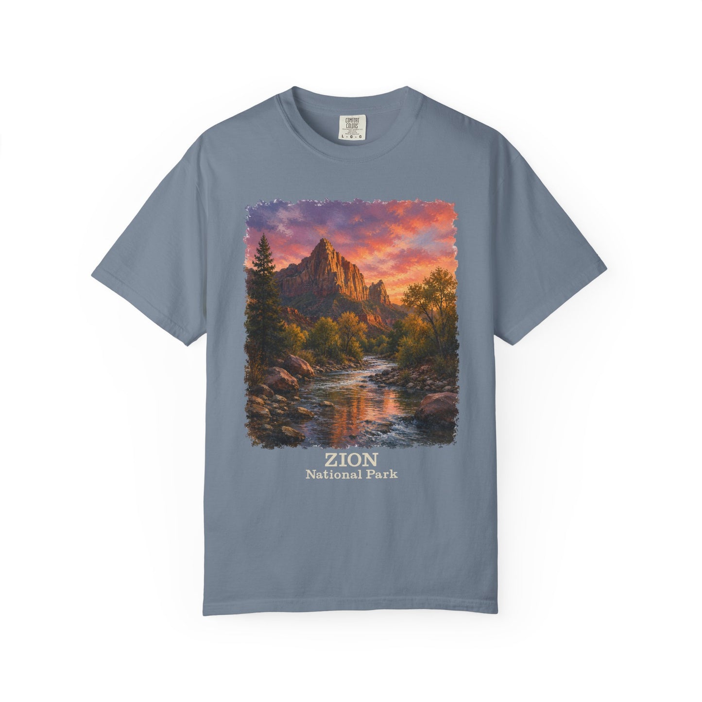Zion National Park Scenic T-Shirt — Sunset Mountain River The Watchman Graphic Tee