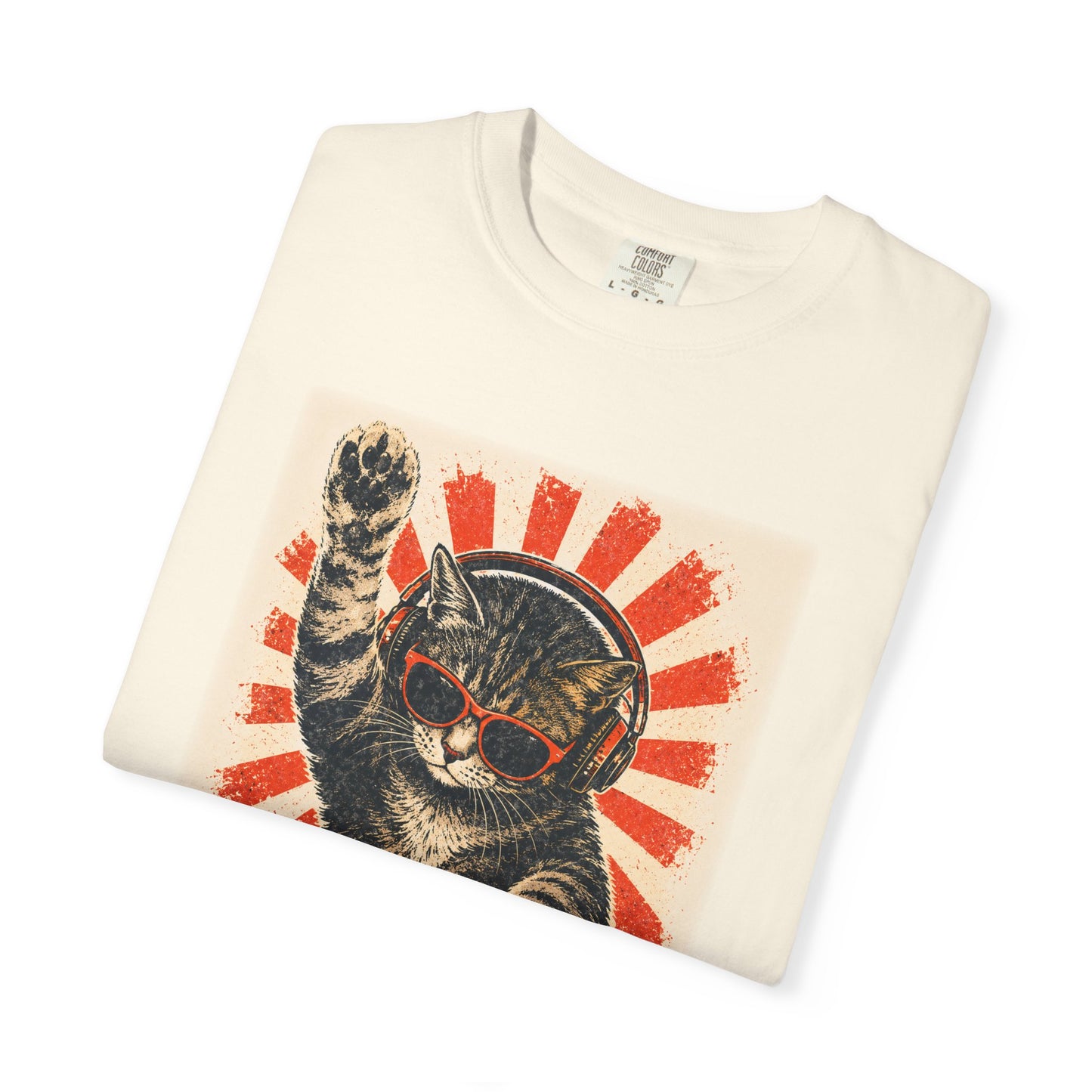Retro DJ Cat T-Shirt — Vintage Sunburst Distressed Poster Design