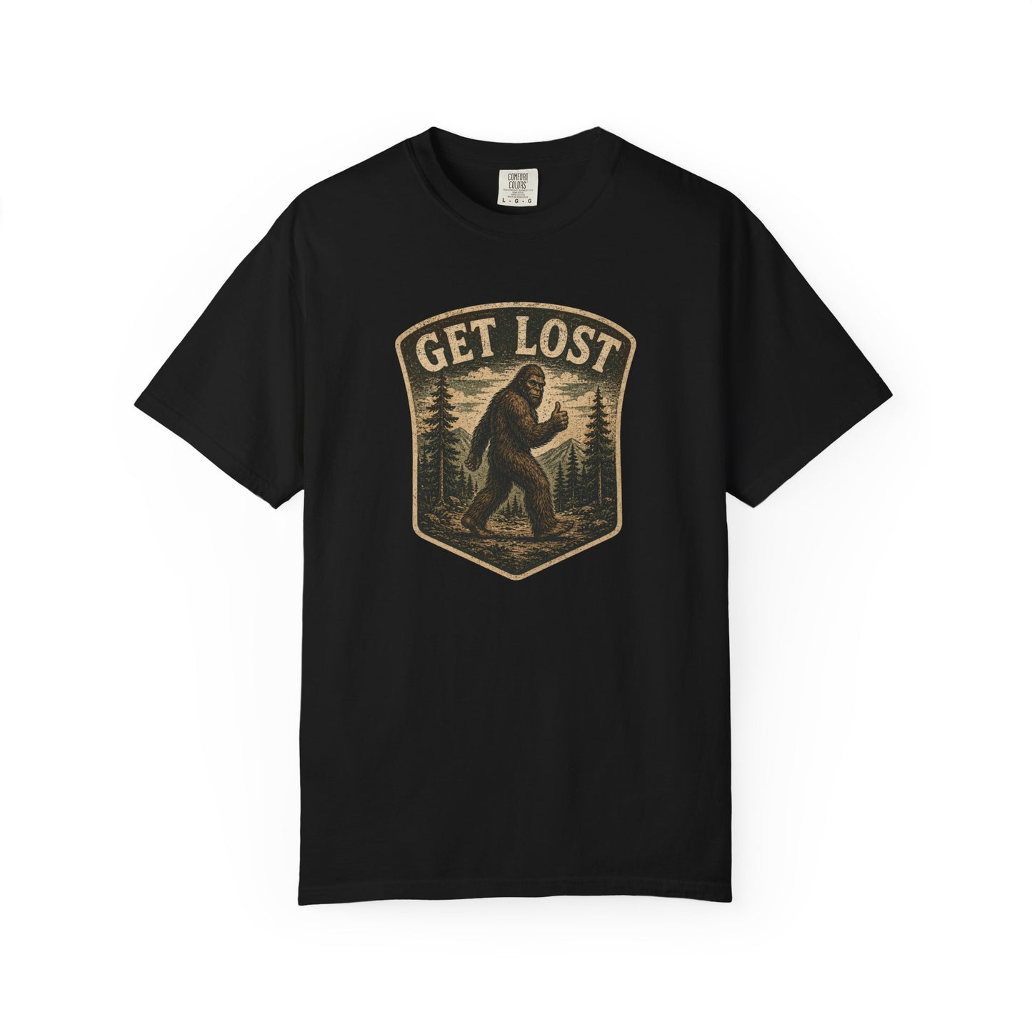 GET LOST Bigfoot Vintage Badge T-shirt — Retro Camping & Hiking Tee
