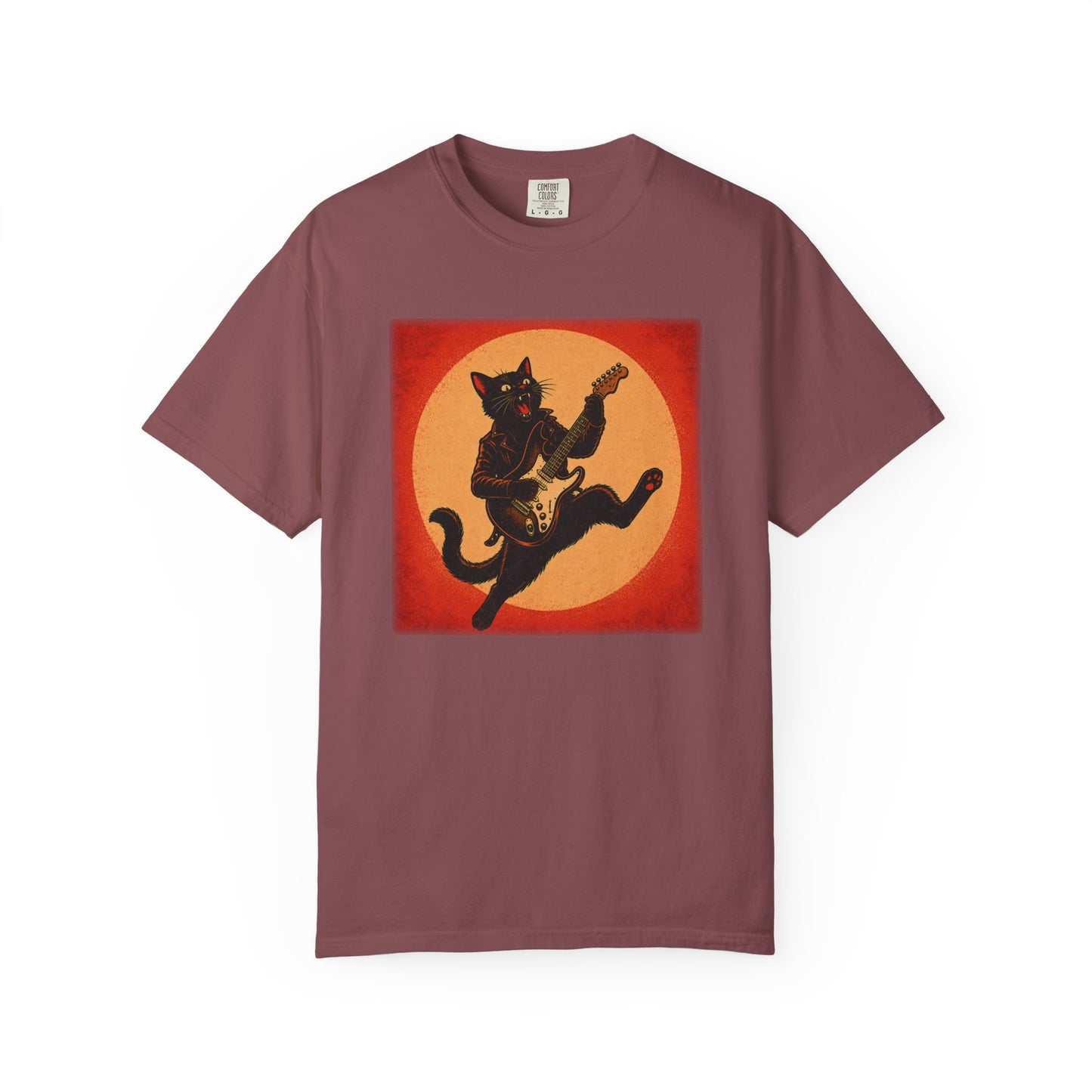 Retro Distressed Black Cat Rocker T-Shirt — Jumping Guitar Vintage Tee