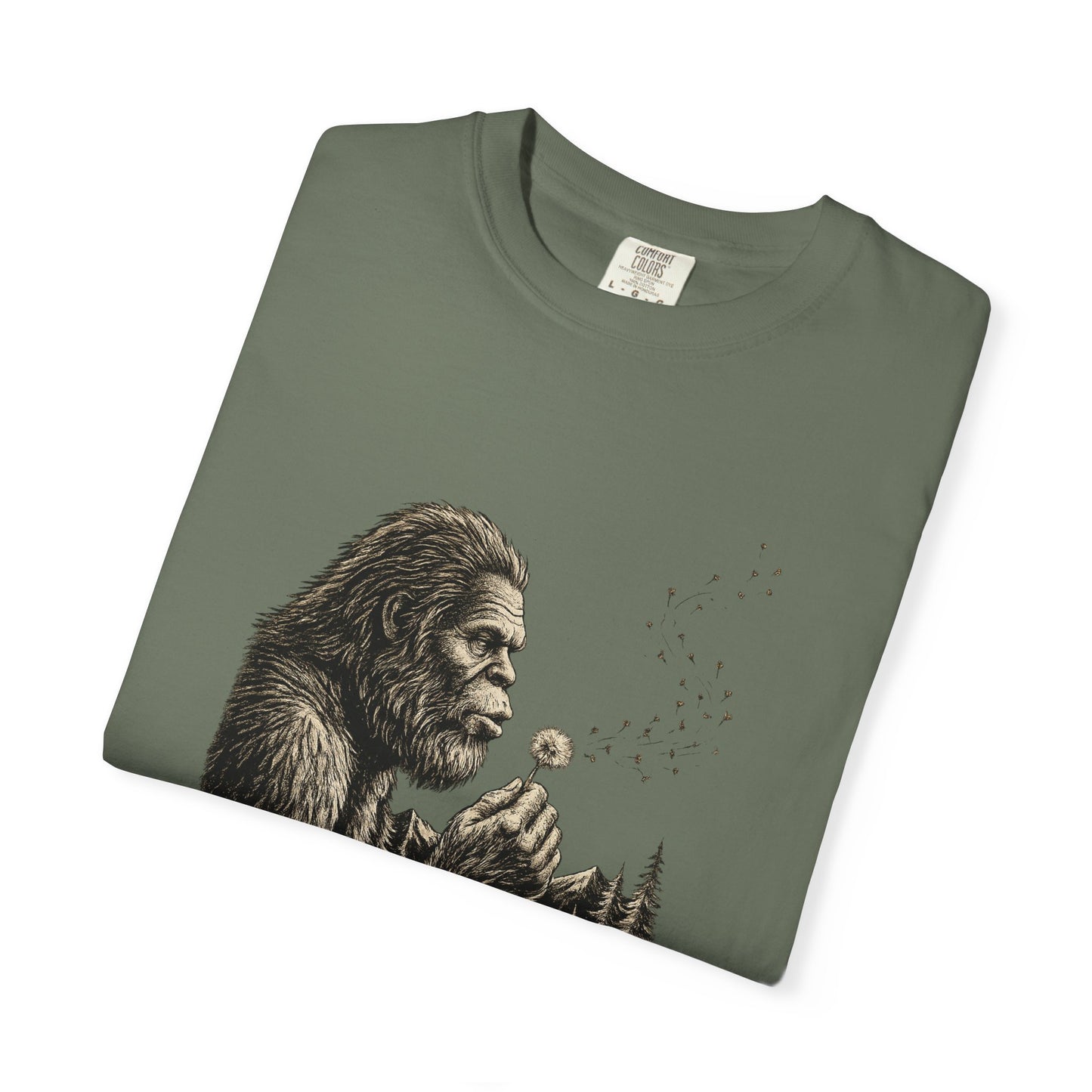 Bigfoot Blowing Dandelion Wish T-Shirt — Sasquatch Hiking Camper Tee