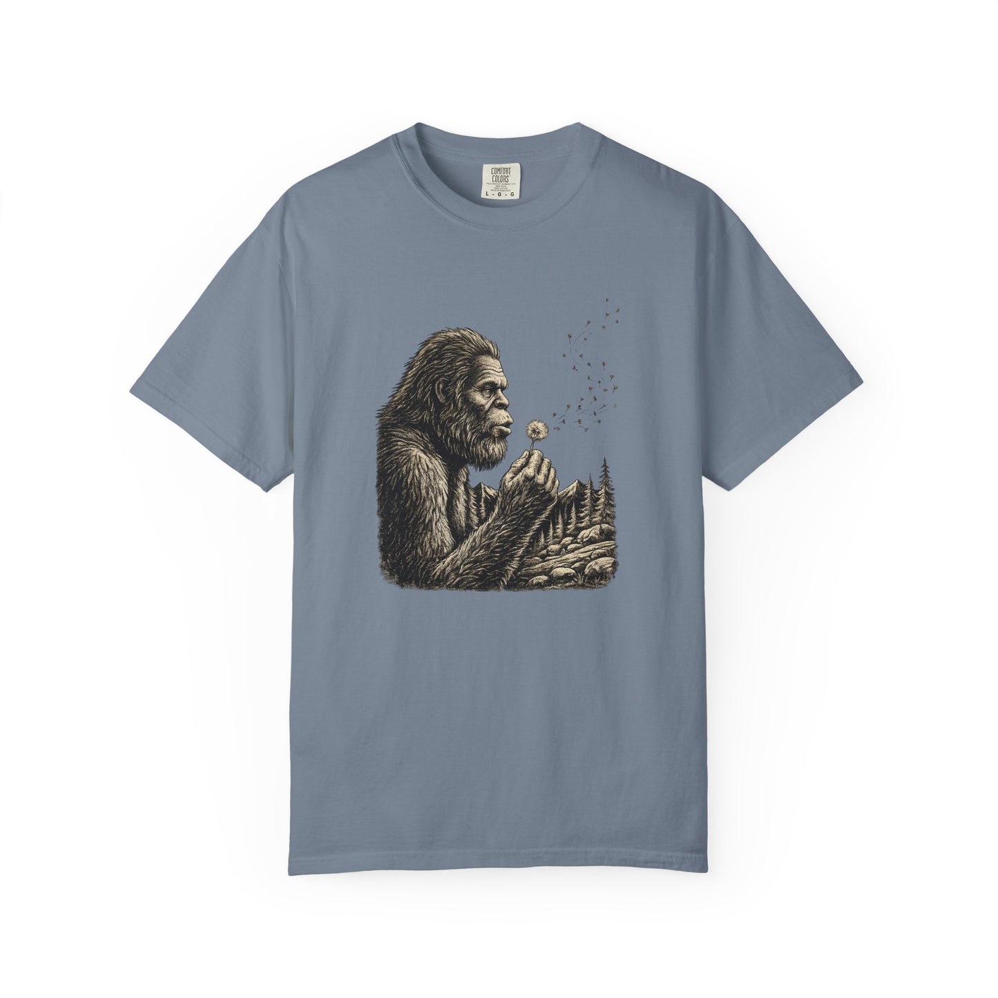 Bigfoot Blowing Dandelion Wish T-Shirt — Sasquatch Hiking Camper Tee