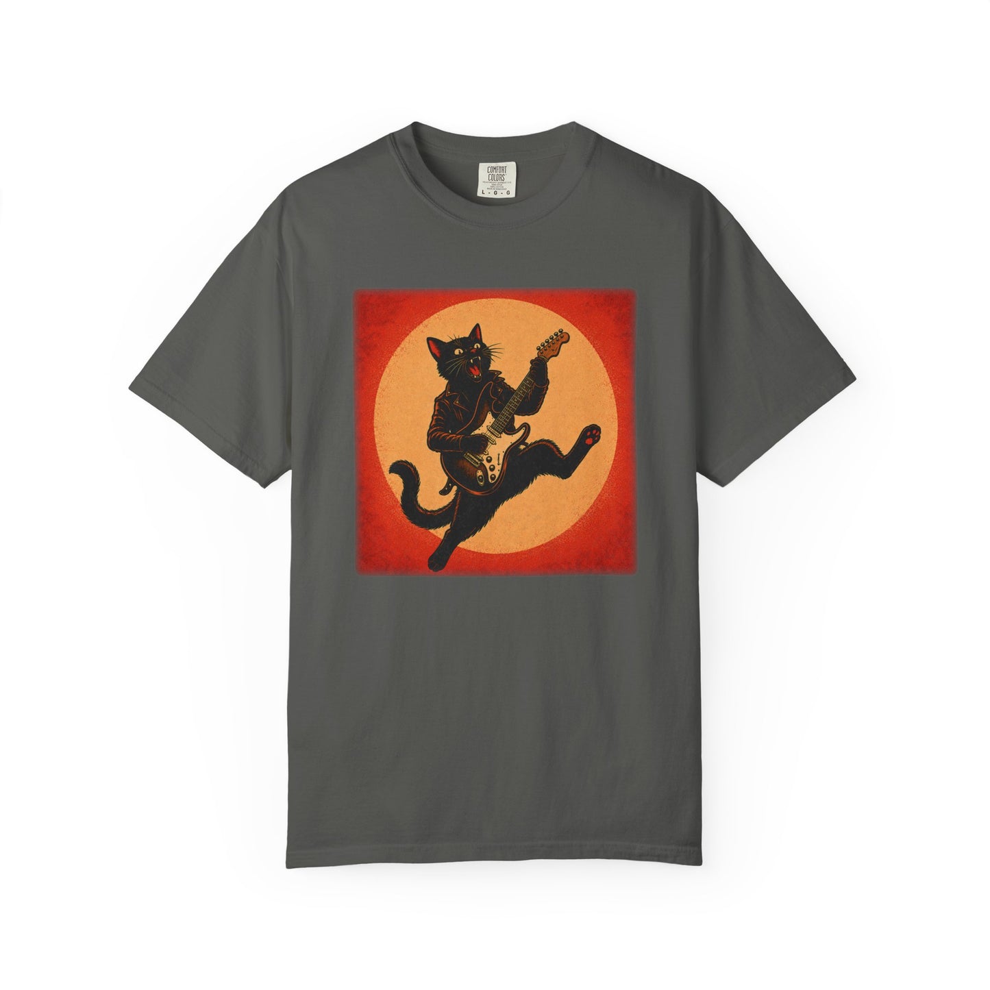 Retro Distressed Black Cat Rocker T-Shirt — Jumping Guitar Vintage Tee