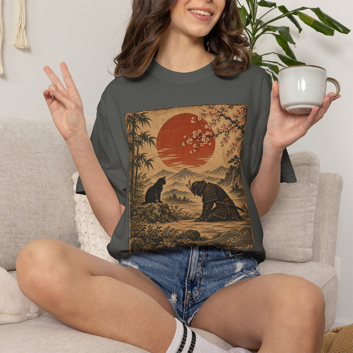 Vintage Japanese-Inspired Samurai & Black Cat Shirt Graphic Tee