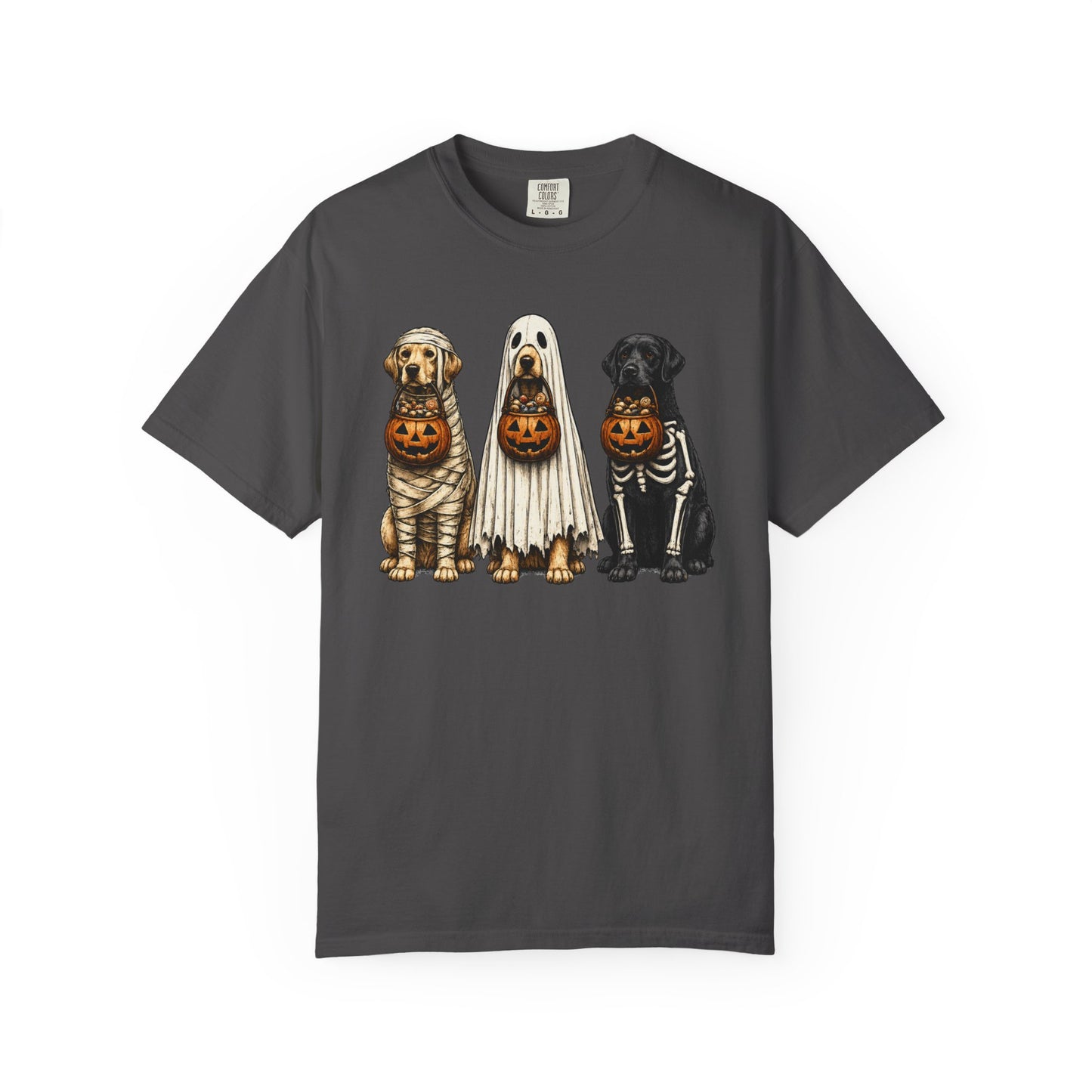 Halloween Dogs T-Shirt — Puppies in Costumes with Jack-O'-Lantern Candy Buckets