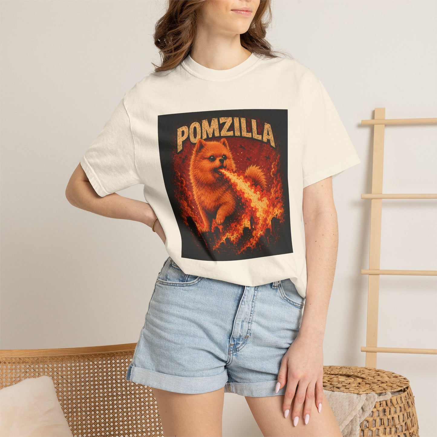 Pomzilla Funny Pomeranian Monster T-Shirt | Retro Kaiju Dog Graphic Tee | Vintage Fire-Breathing Pom Shirt