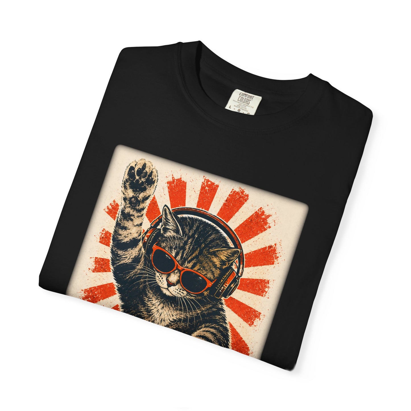 Retro DJ Cat T-Shirt — Vintage Sunburst Distressed Poster Design