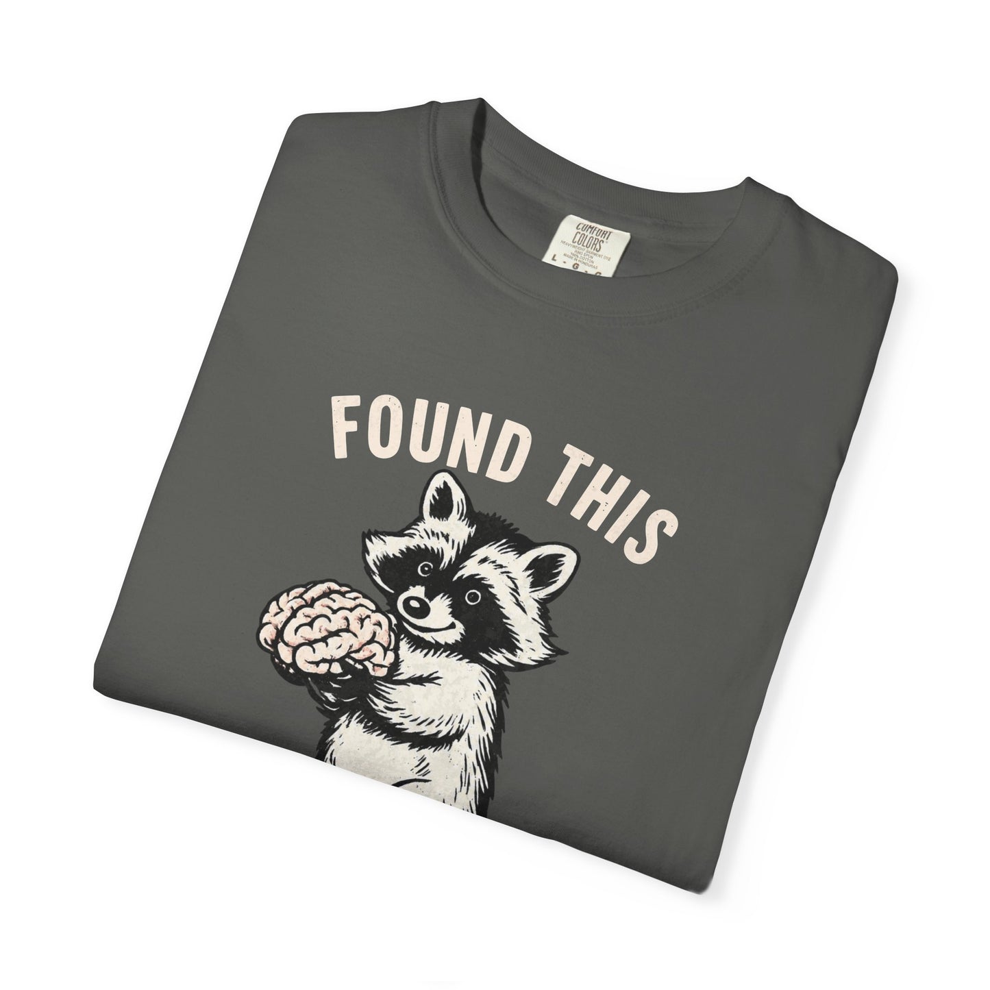 Found This Raccoon Holding Brain T-Shirt — "FOUND THIS / FIGURED IT WAS YOURS"