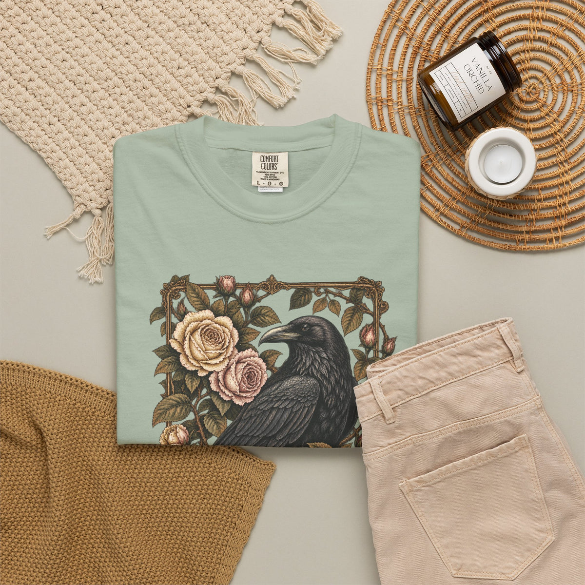 Raven & Roses Graphic T‑Shirt — Gothic Floral Botanical Vintage Tee
