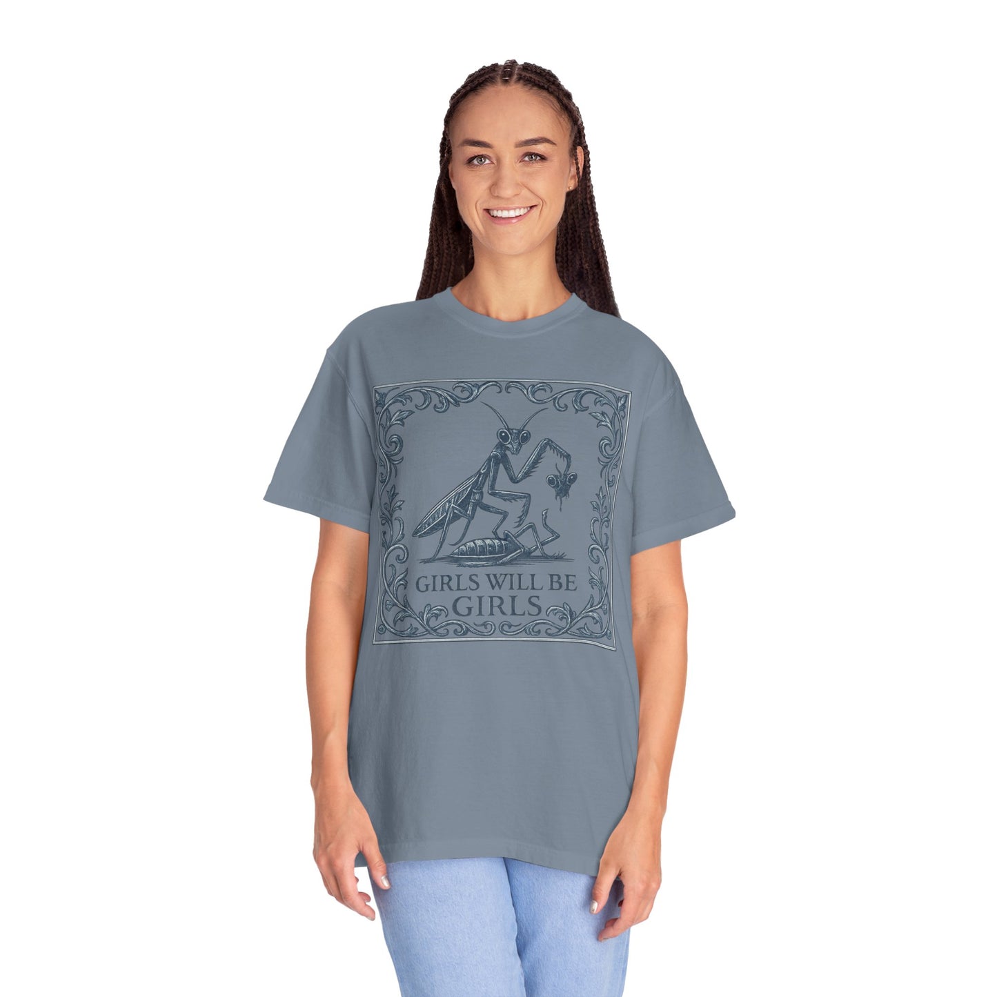 Vintage navy illustration of two praying mantises with ornate botanical framing and the phrase Girls Will Be Girls on an ivory Comfort Colors t-shirt.
