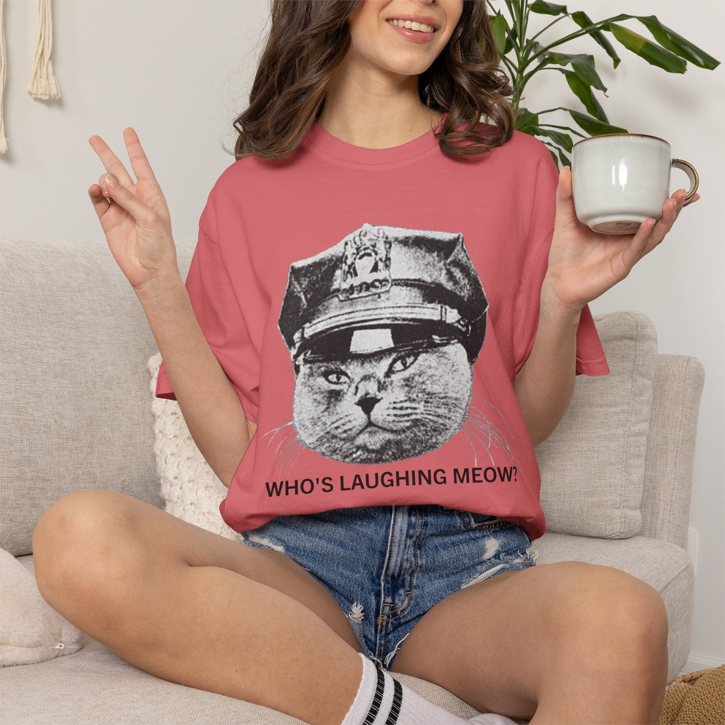 Who's Laughing Meow? Funny Cat Police Shirt | Vintage Grumpy Cat Graphic Tee | Comfort Colors® T-Shirt