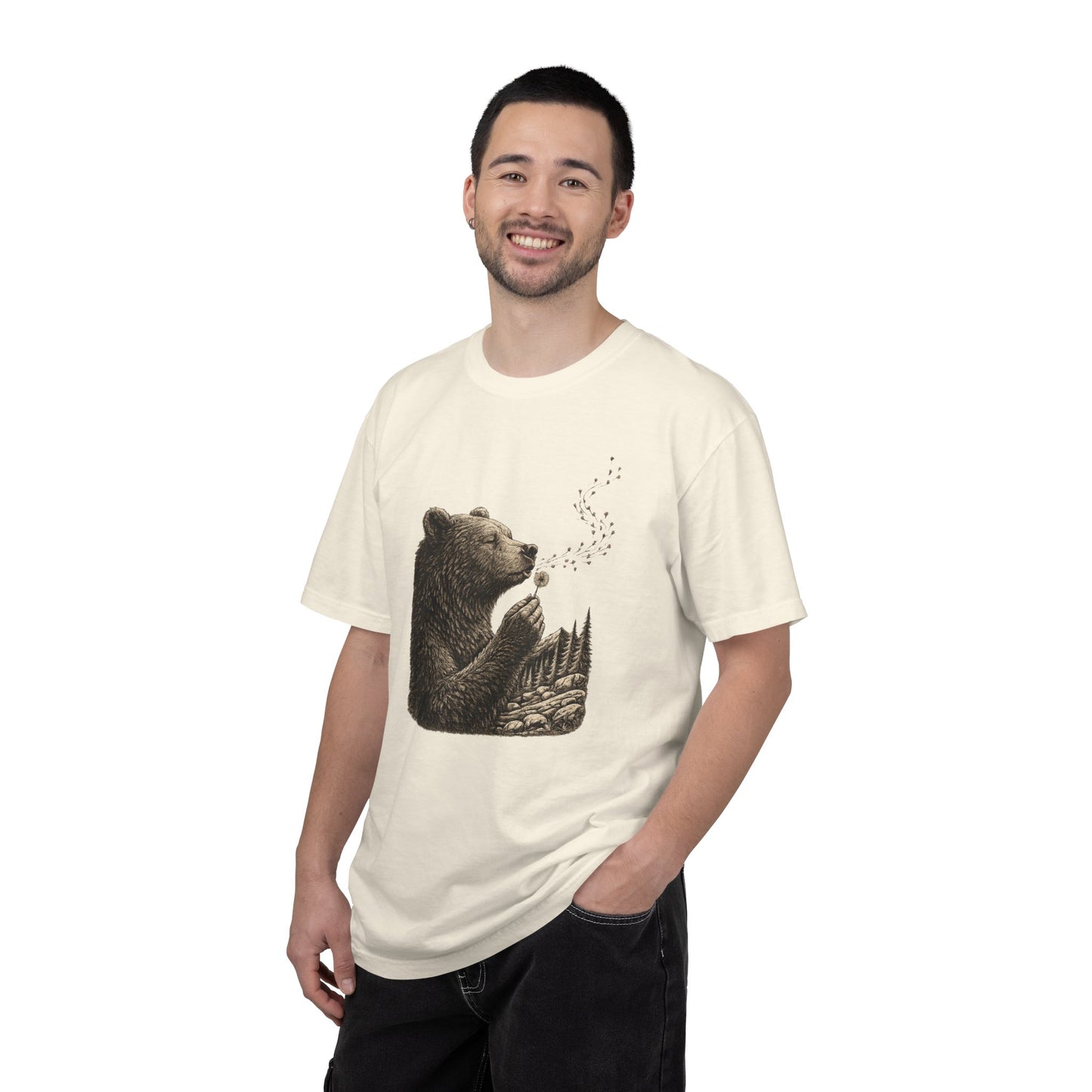 Bear Blowing Dandelion T-Shirt — Outdoor Enthusiast Woodland Nature Graphic Tee