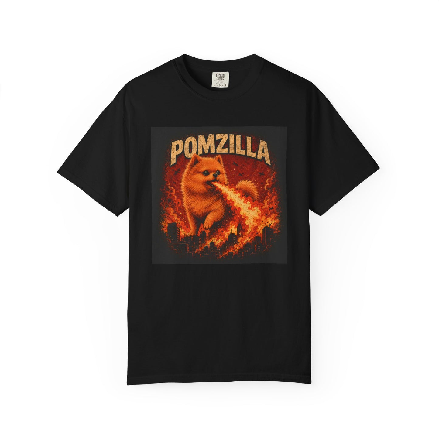 Pomzilla Funny Pomeranian Monster T-Shirt | Retro Kaiju Dog Graphic Tee | Vintage Fire-Breathing Pom Shirt