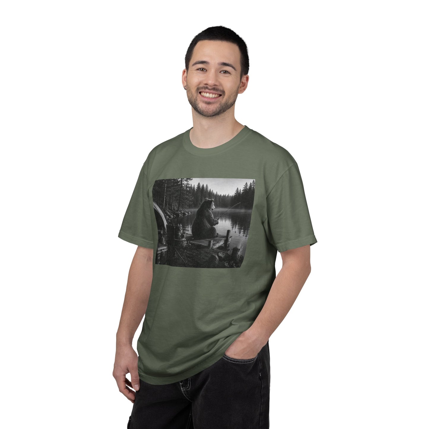 Campground Bear & Cat Fishing T-Shirt — Daytime Camping Scene, 'Coffee & Catch'