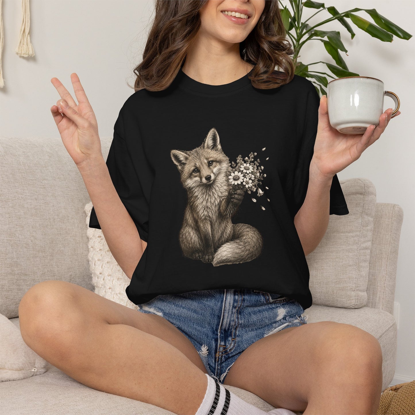 Cute Fox Holding Wildflower Bouquet T-Shirt — Gift, Nature Lover Tee, Woodland Animal Graphic Tee