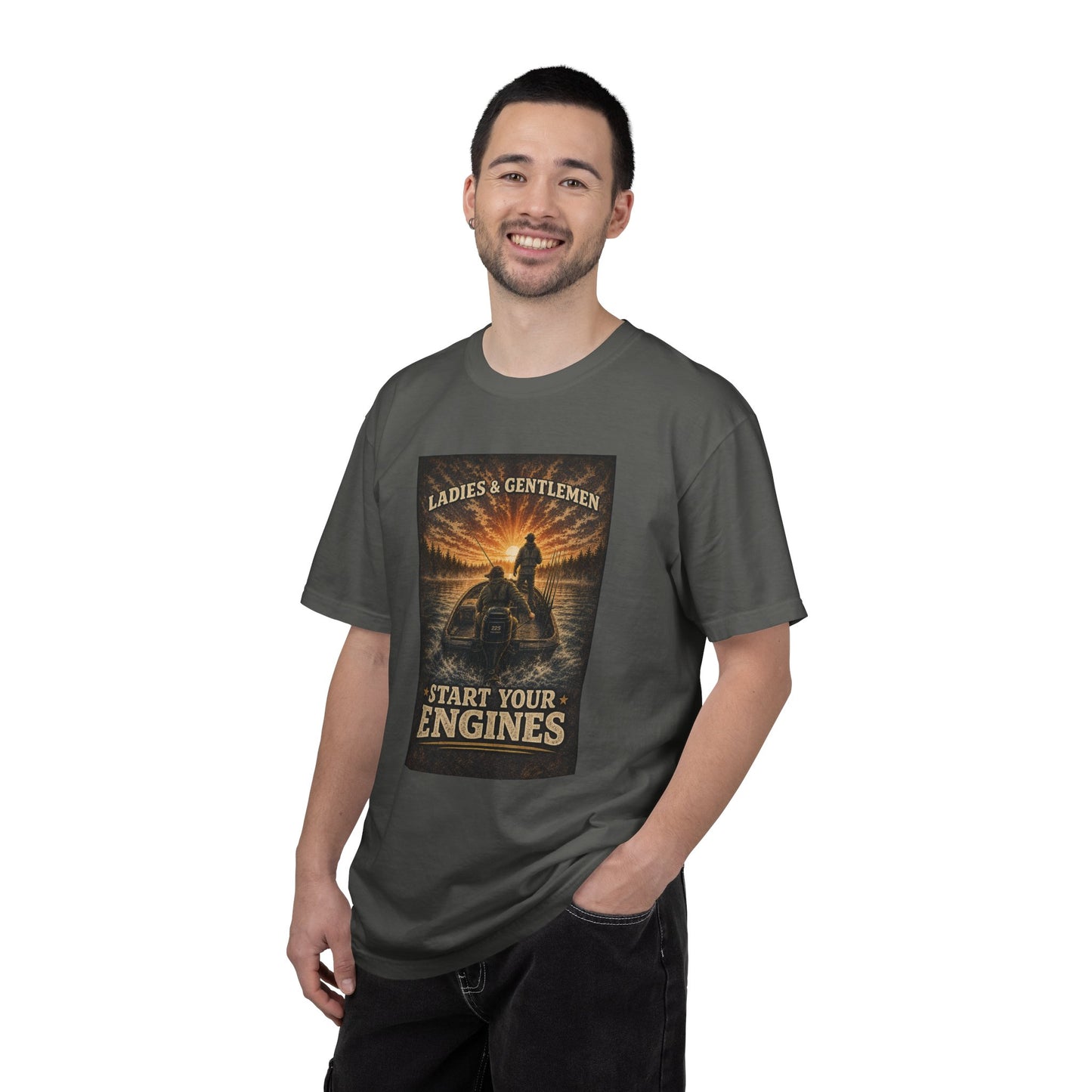 Fishing T-Shirt — "Ladies and Gentlemen, Start Your Engines" Retro Racing Boat Design