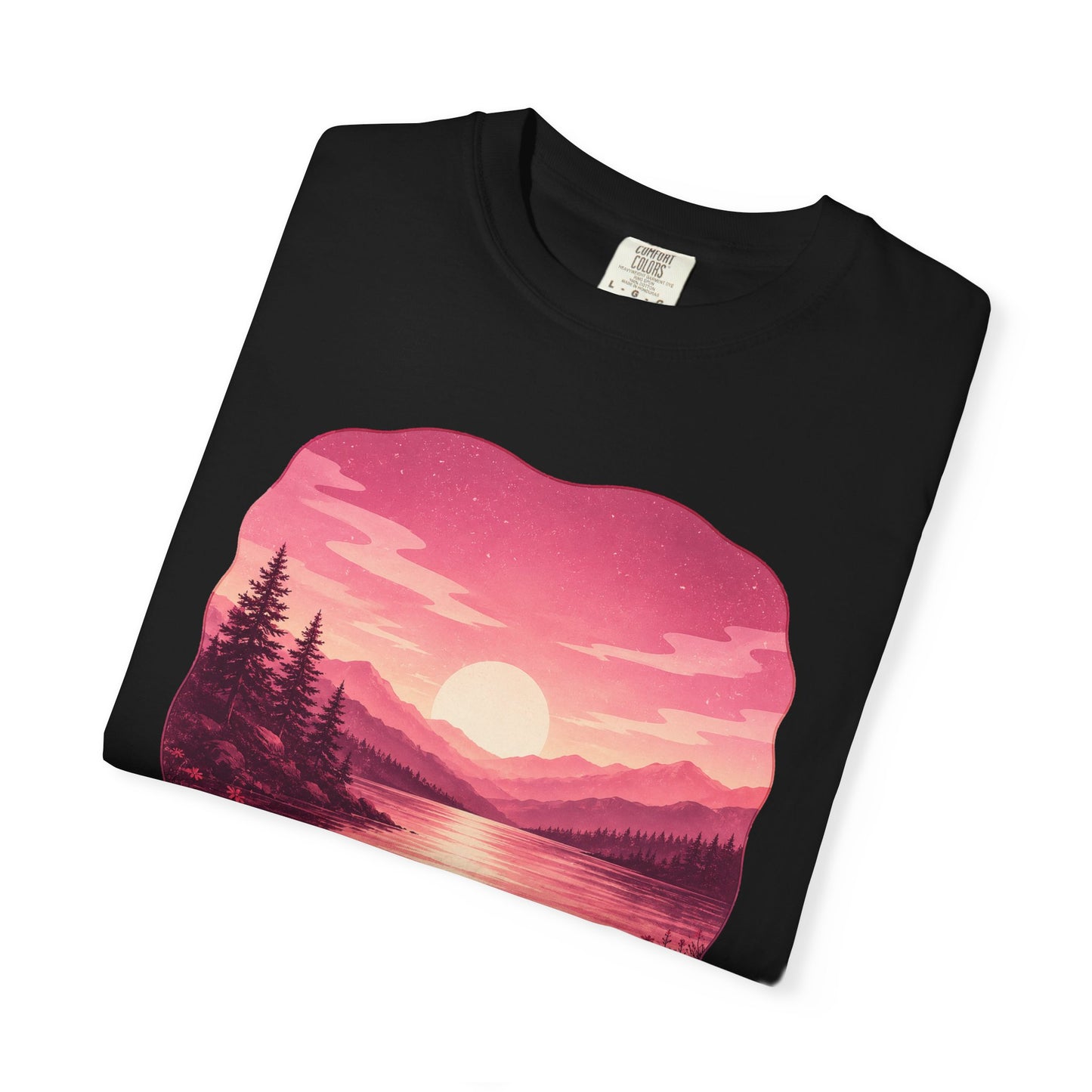 Feminine Lakescape Sunset T-shirt — Pink Outdoor Hiking & Camping Tee