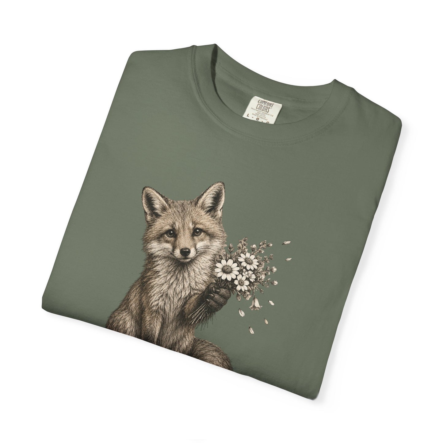 Cute Fox Holding Wildflower Bouquet T-Shirt — Gift, Nature Lover Tee, Woodland Animal Graphic Tee
