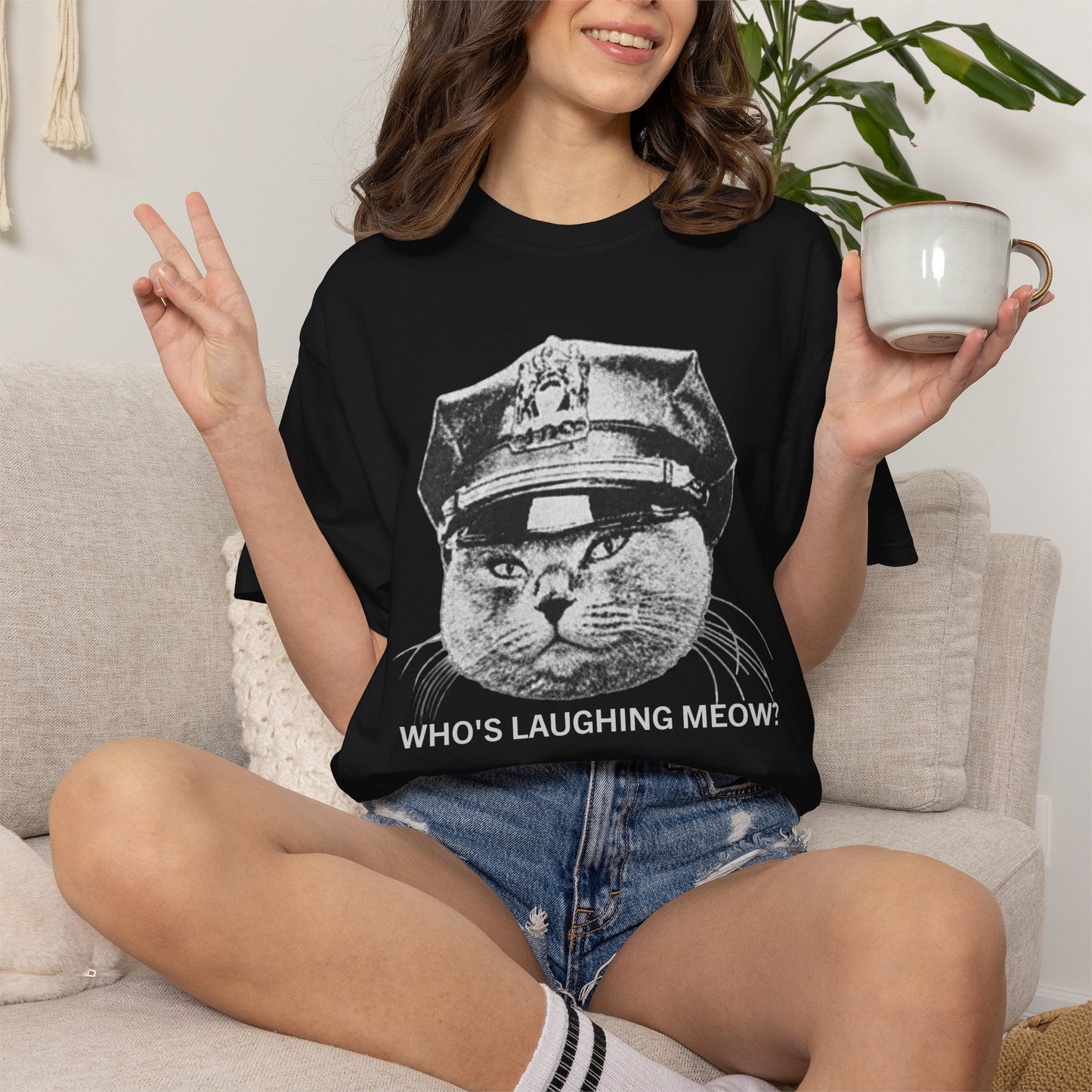 Who's Laughing Meow? Funny Cat Police Shirt | Vintage Grumpy Cat Graphic Tee | Comfort Colors® T-Shirt